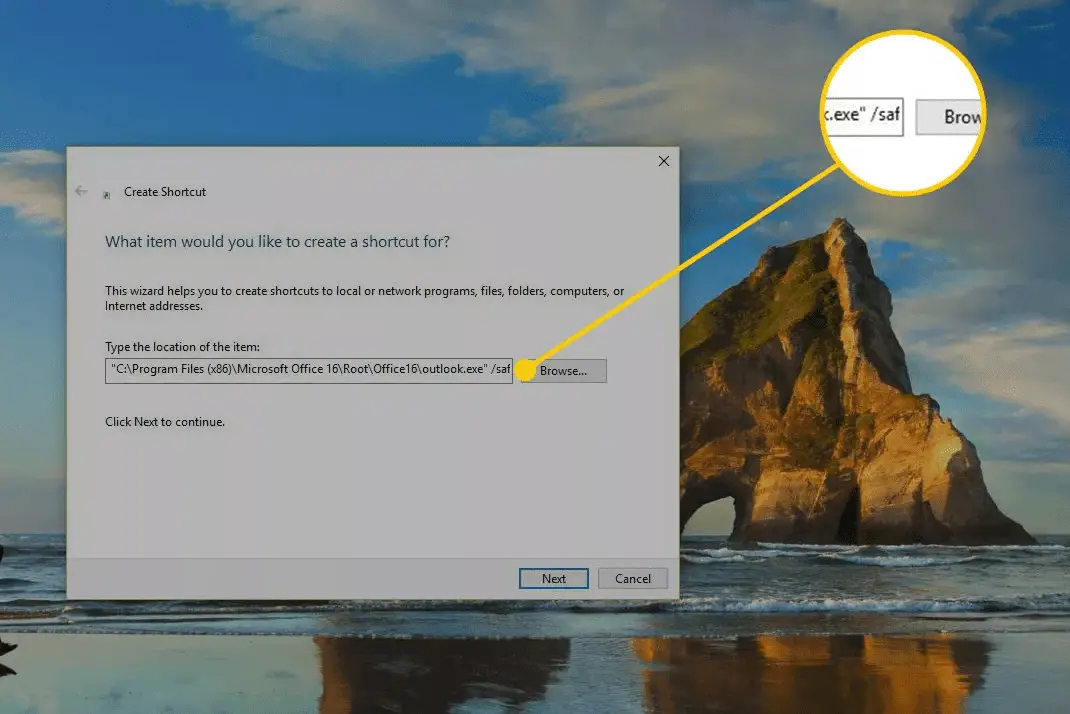 Skärmdump av det säkra suffixet i slutet av en Outlook-genväg i Windows 10