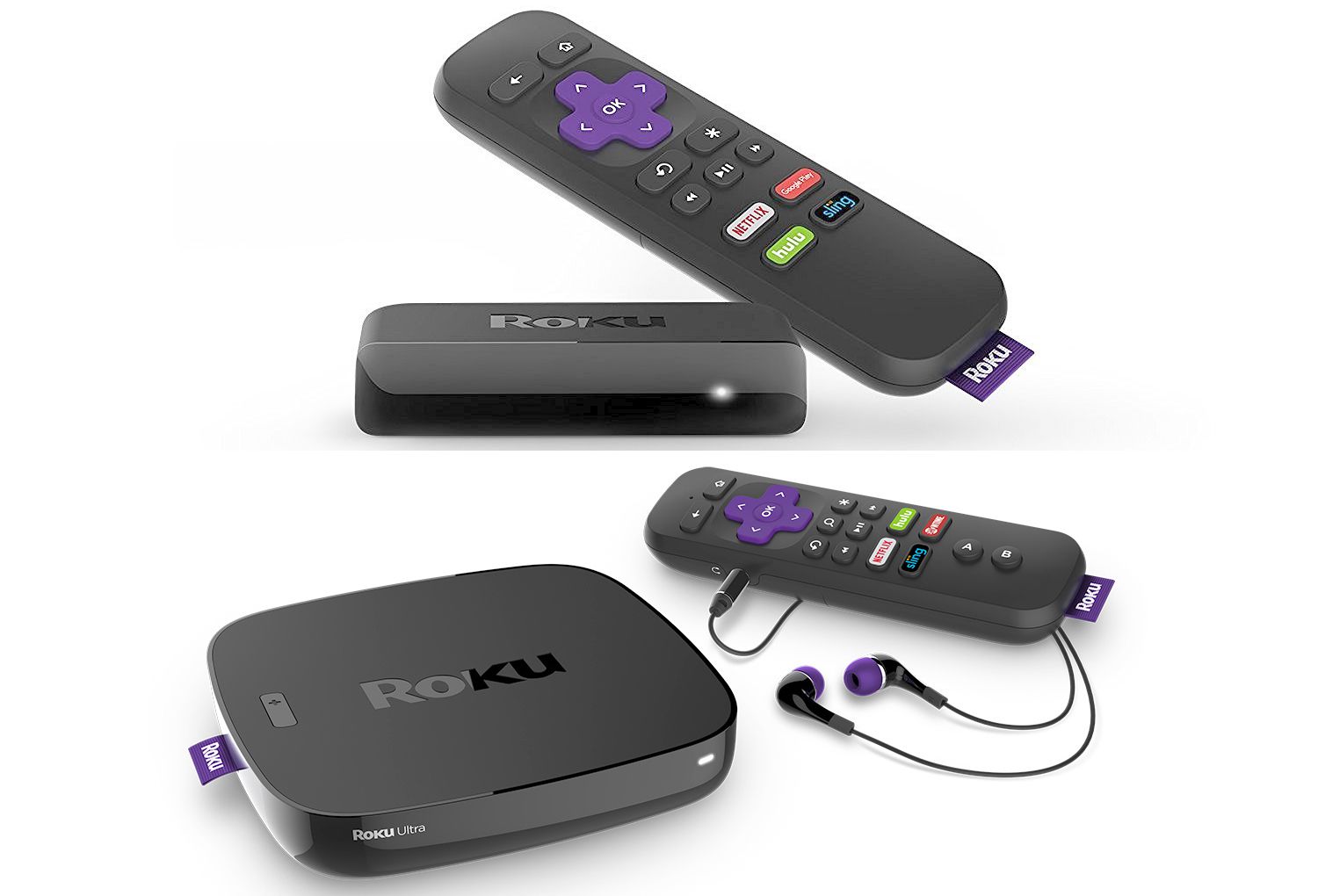 Roku Express (överst) - Roku Ultra (botten) Media Streamers (inte i skala)