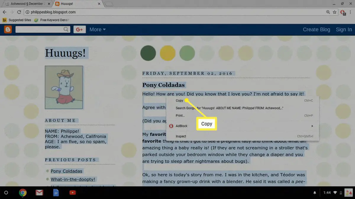 Chromebook som visar Copy är markerad i högerklicka på snabbmenyn