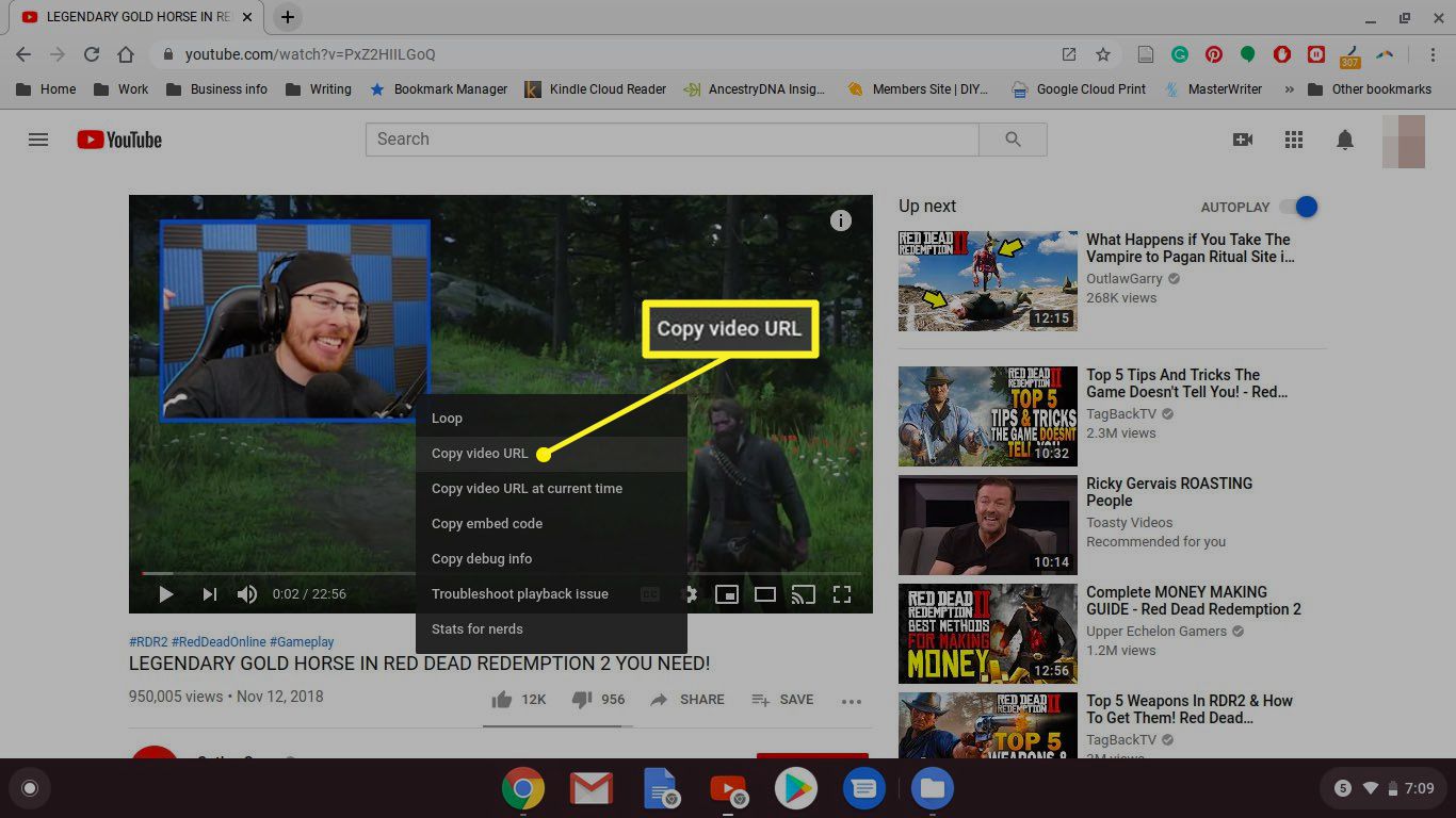 Chromebook med högerklickmeny och Kopiera video-URL vald