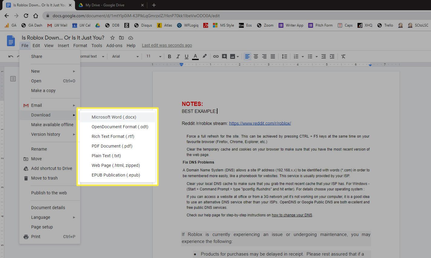 Ladda ner som Microsoft Word (.docx) menyalternativ i Google-dokumentets filmeny