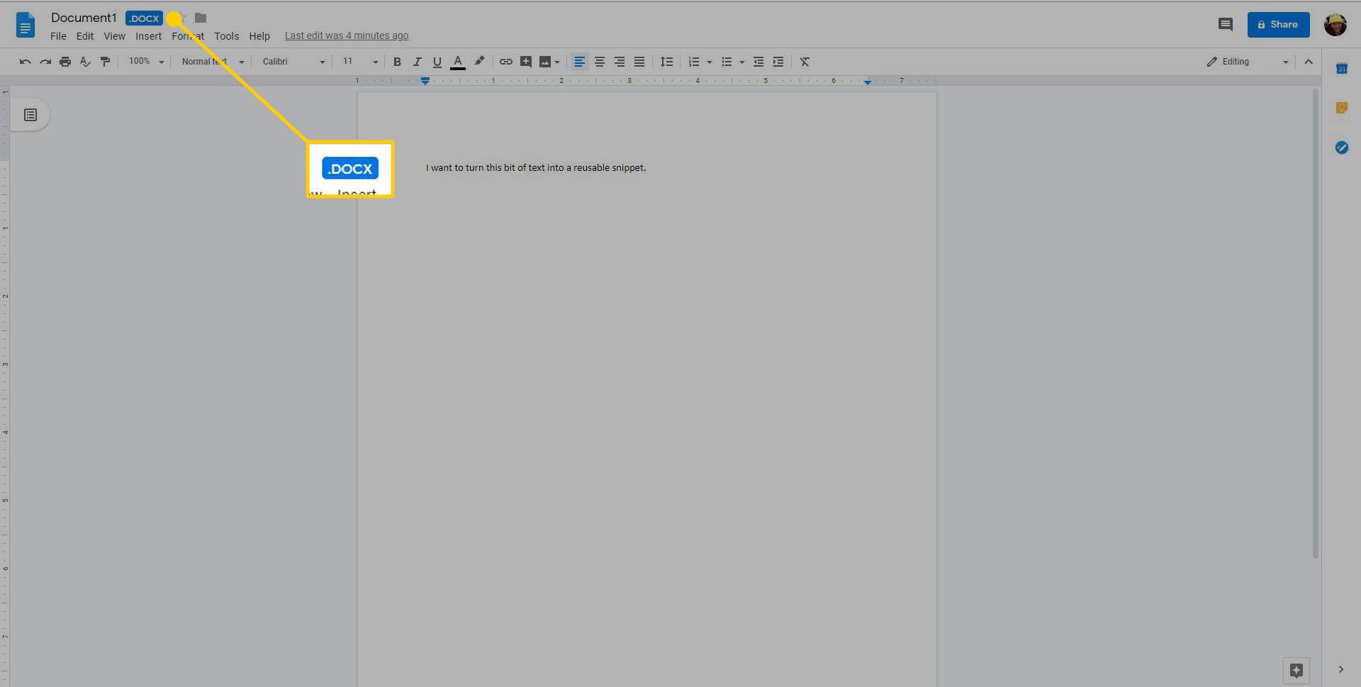 Ett Word-dokument öppnat i Google Drive med DOCX-tillägget markerat