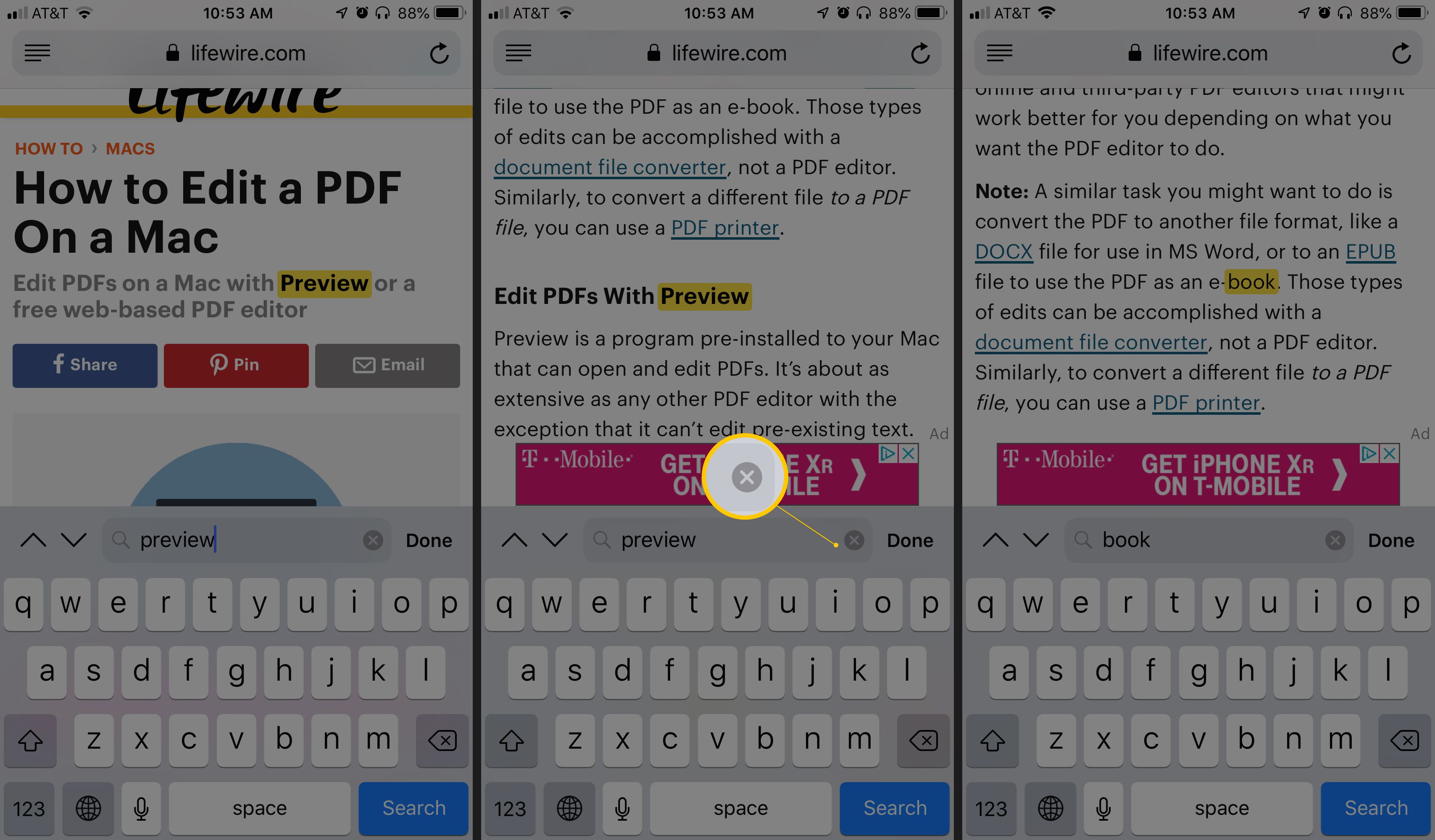 Tre iOS-skärmar som visar sökfält (förhandsgranskning) i Safari, X-knappen och en ny sökterm (bok)
