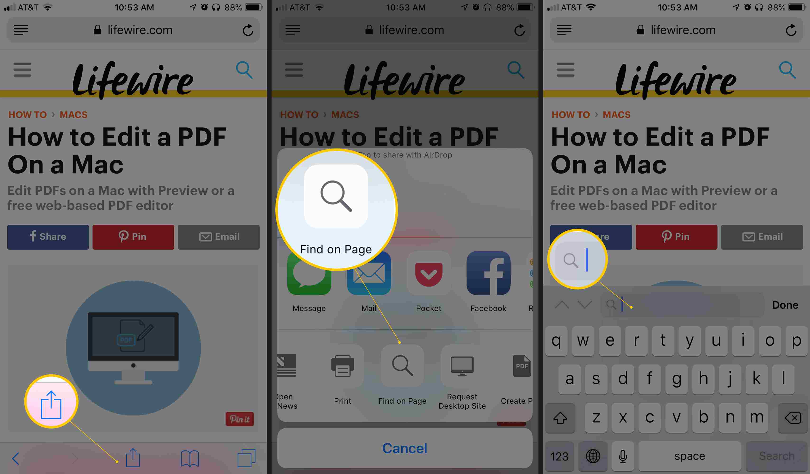 Tre iOS-skärmar som visar Action-knappen i Safari, Sök på sida och sökfält