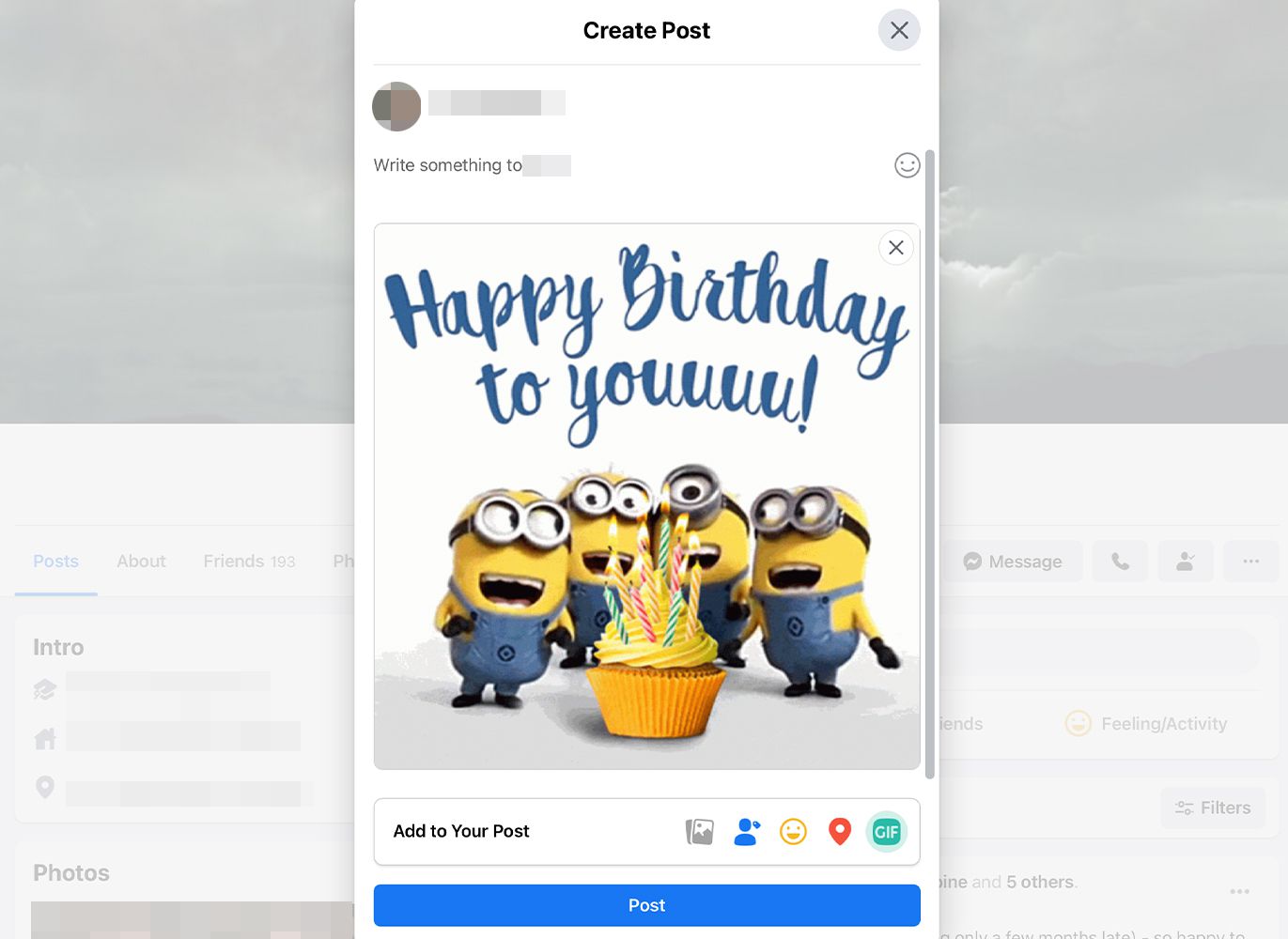 Skapa inläggsskärm på Facebook med födelsedag GIF