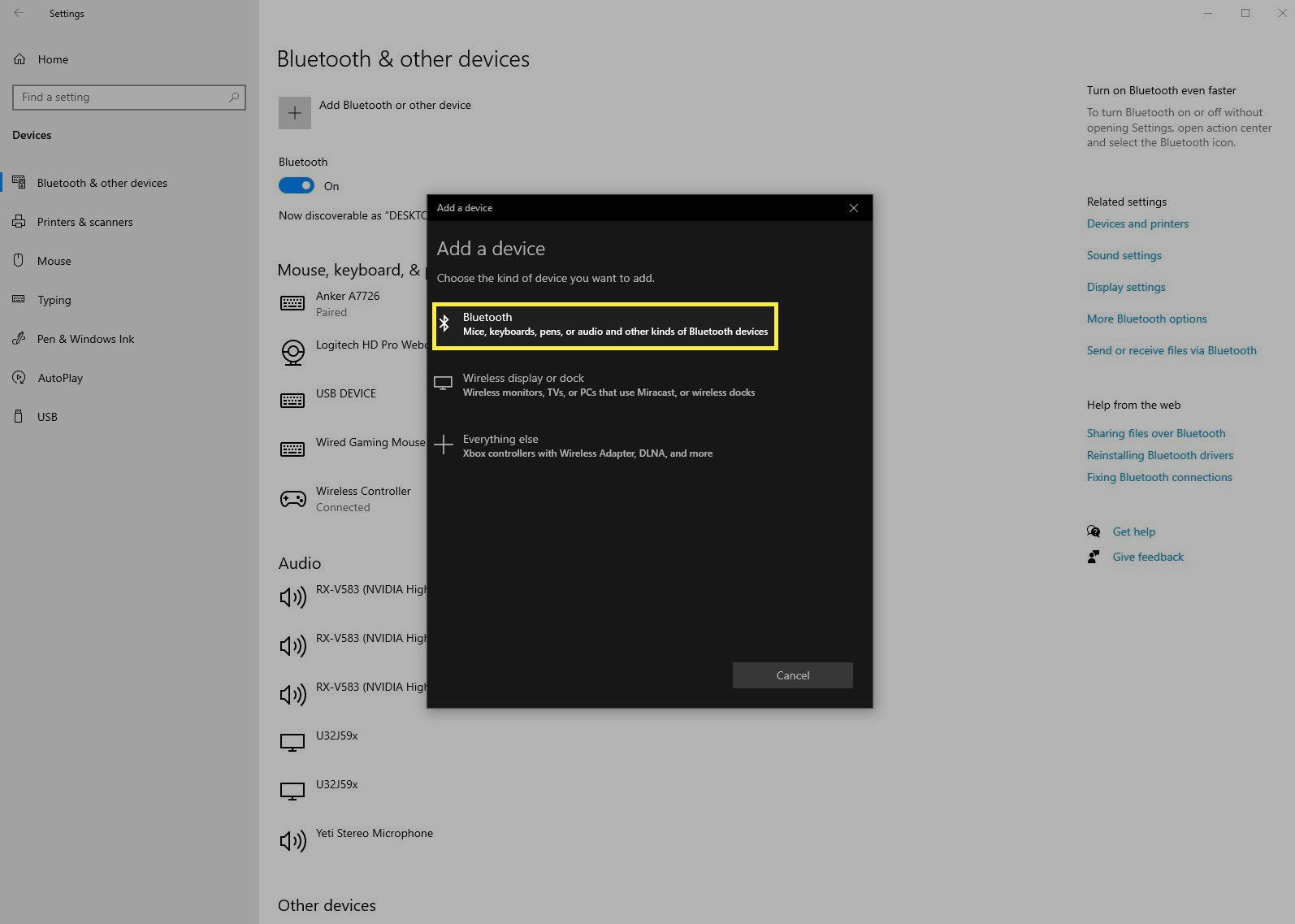 Lägga till en Bluetooth-enhet i inställningsfönstret Windows 10.