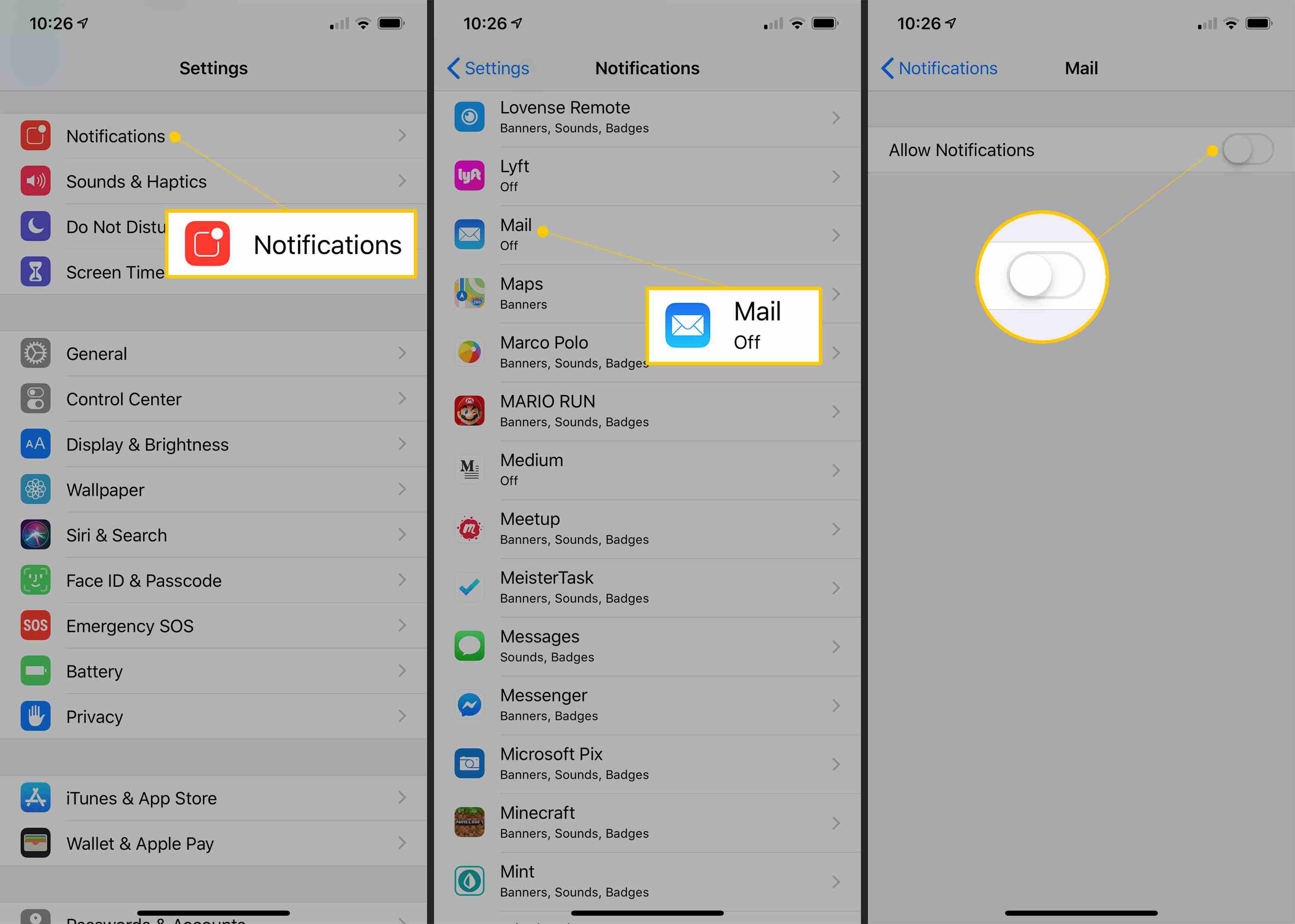 Meddelanden, e-post och tillåt meddelanden växlar till AV i iOS-inställningar