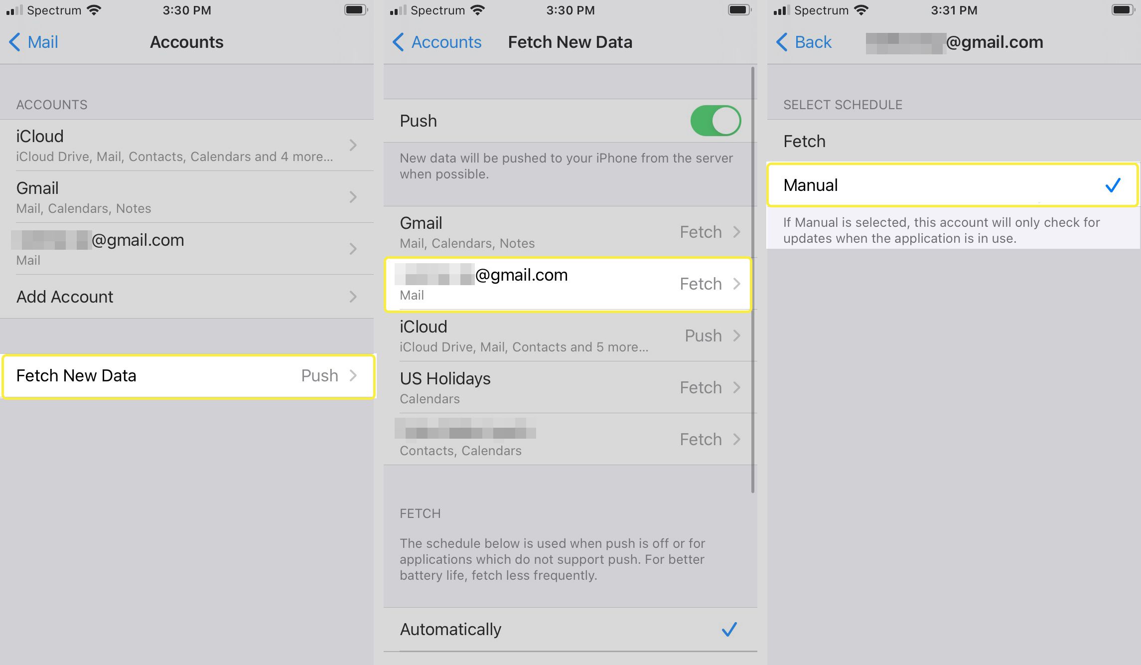 Lösenord och konton, hämta nya data, knappar manuellt i iOS-inställningar