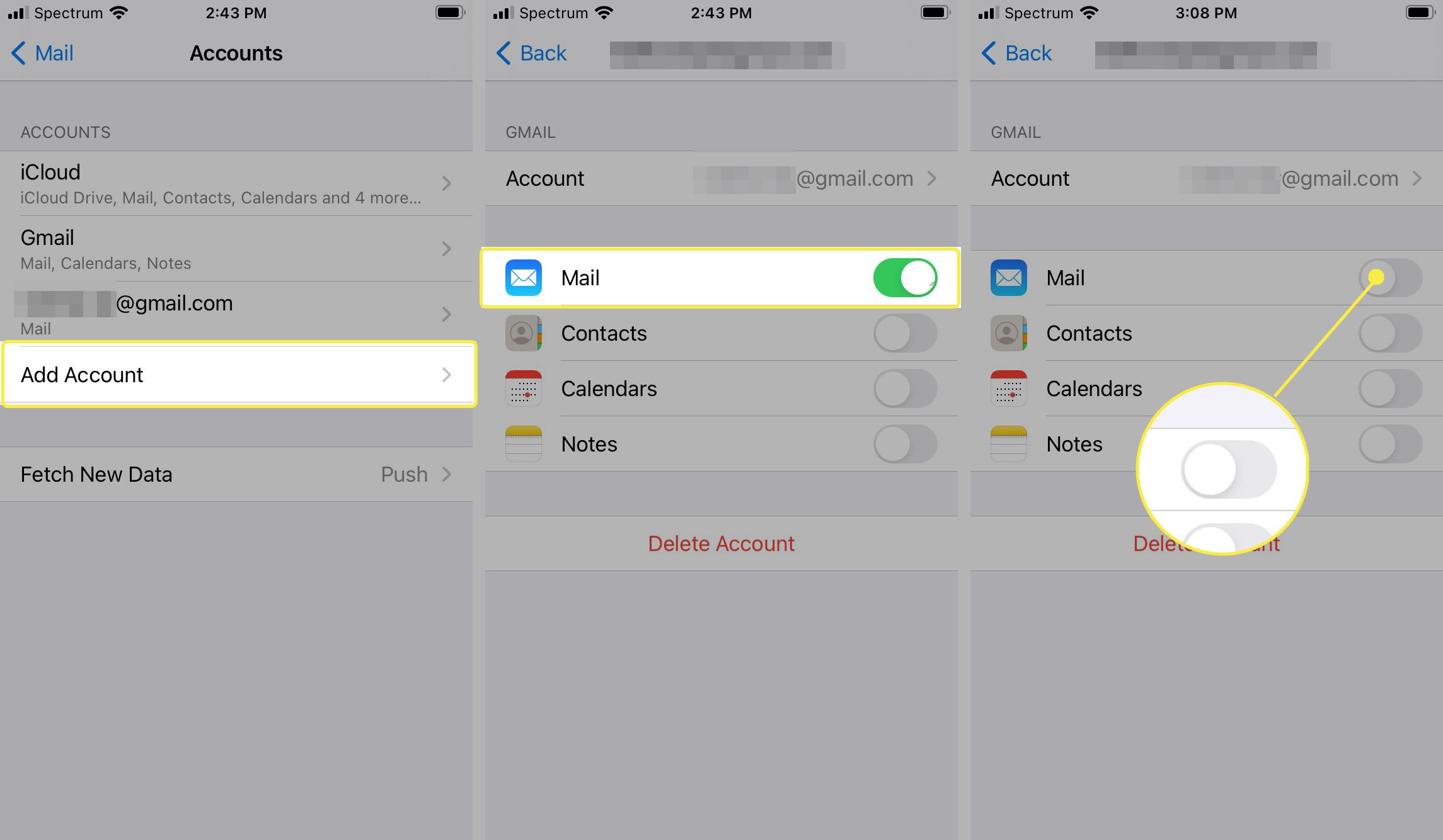 Lösenord och konton, Gmail, Mail växlar till OFF i iOS-inställningar