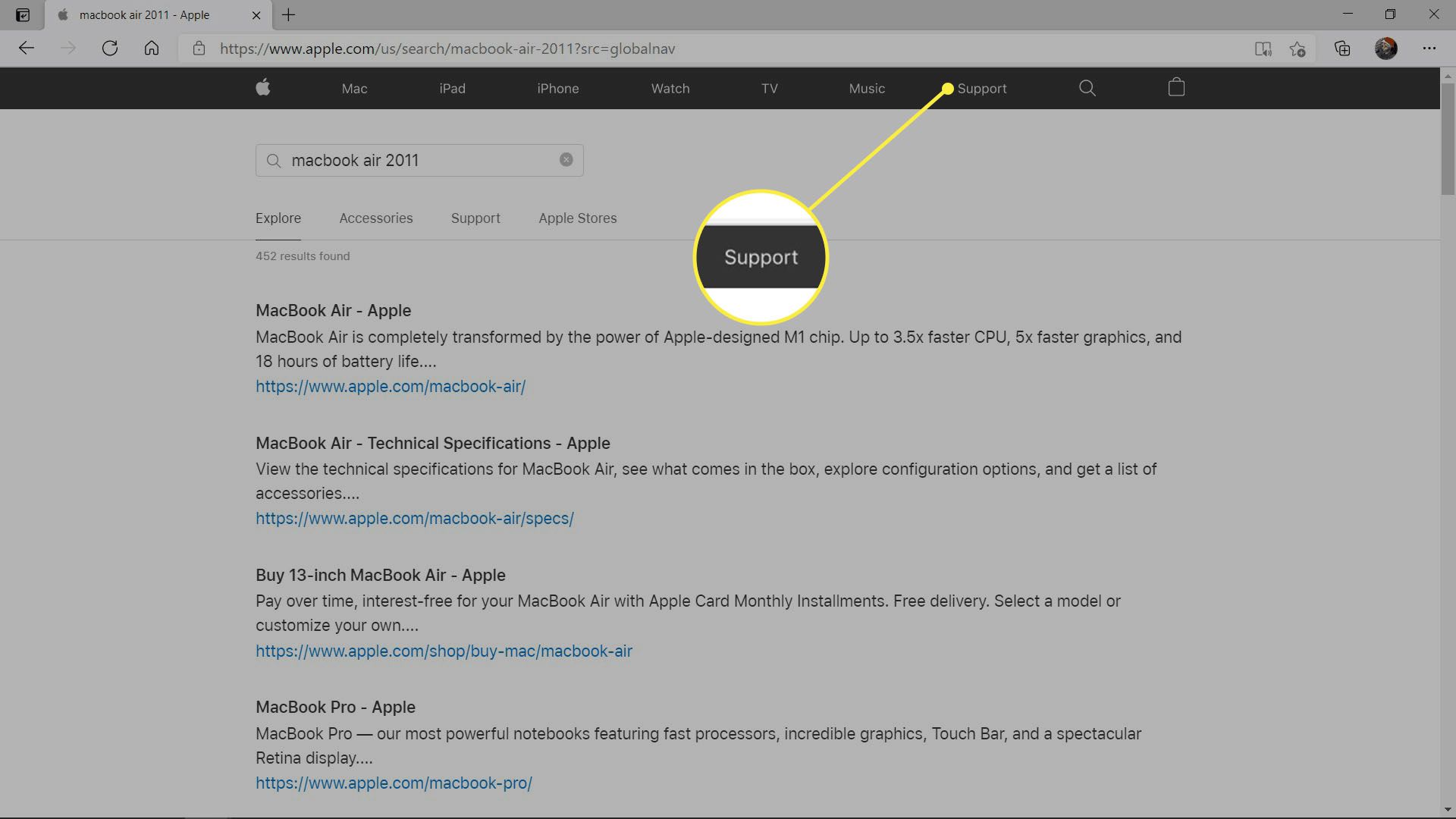 Fliken Support markerad i sökresultaten på Apple.com.