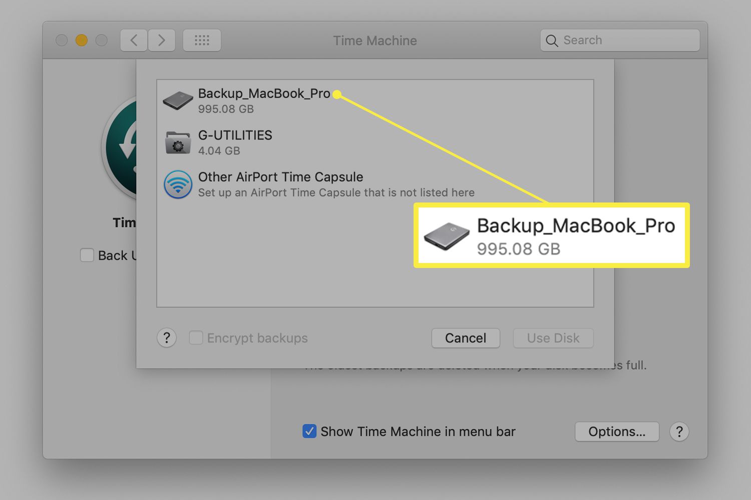Time Machine-inställningar som visar tillgängliga enheter på Mac