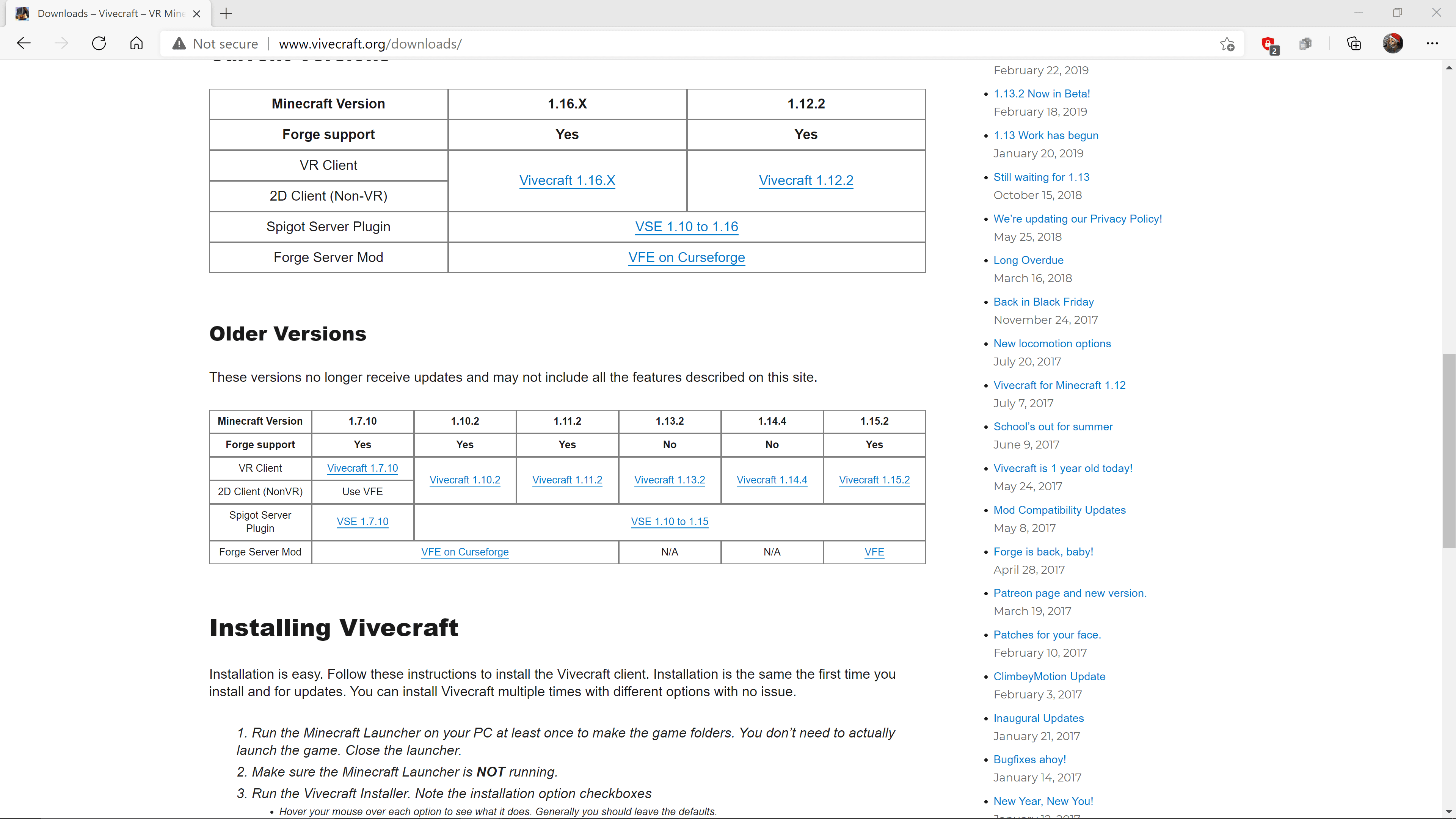Vivecraft-webbplatsen med Vivecraft 1.16.x markerad.