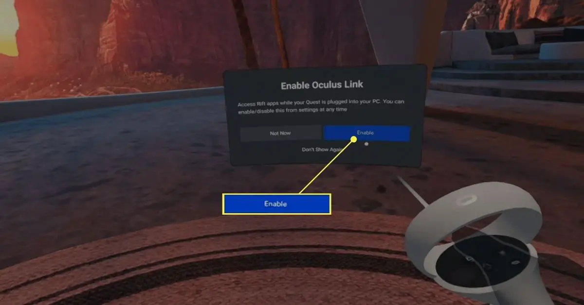 Aktiverar Oculus Link i ett Oculus Quest 2-headset.