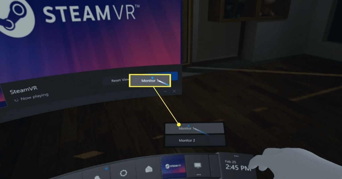 Välja en bildskärm för det virtuella skrivbordet i Steam VR.
