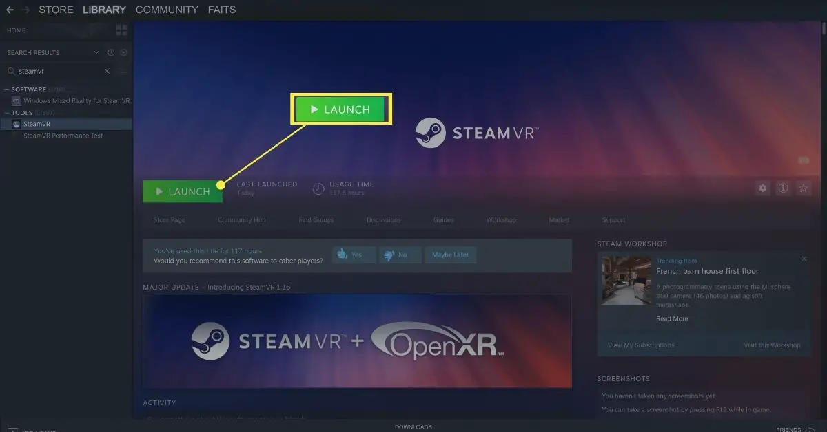 Startknapp för SteamVR från Steam-biblioteket.