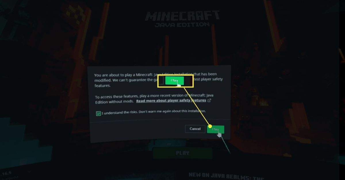 Spela-knappen på Minecraft-modifieringsvarningen i VR.