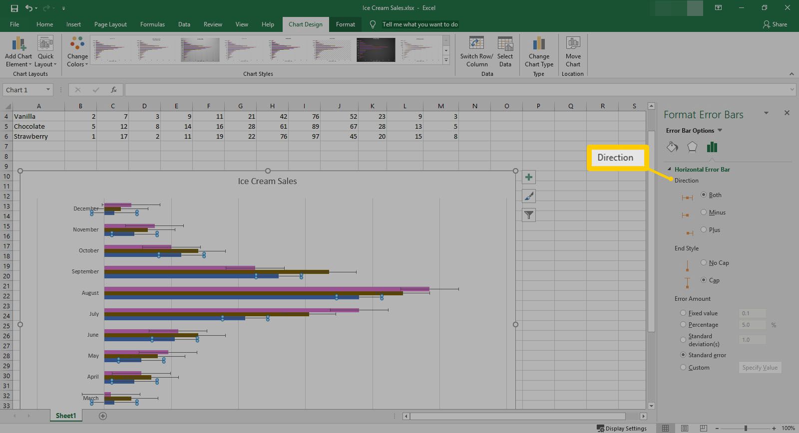 Inställningar för horisontell felstångsriktning i Excel.