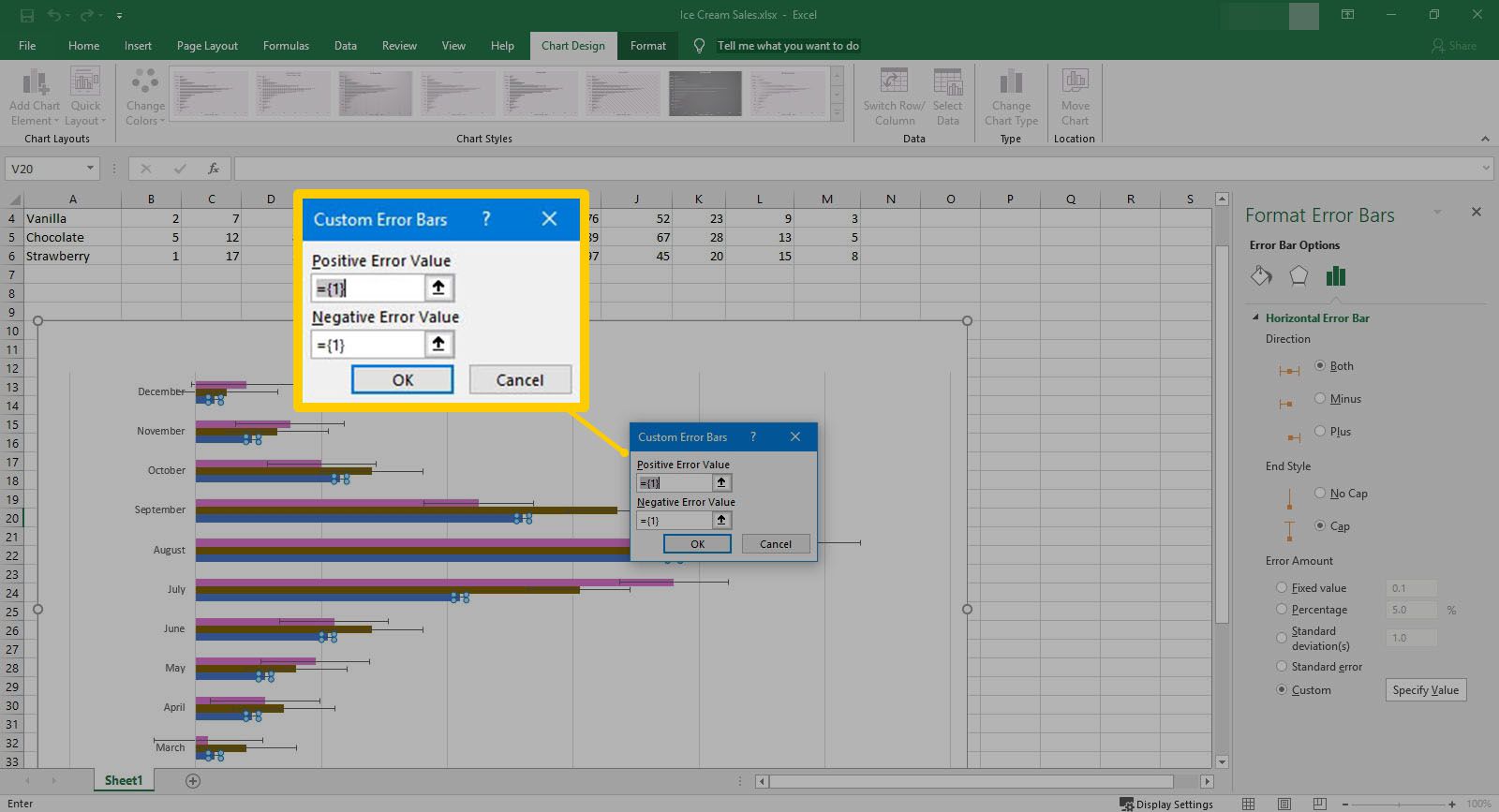 Dialogrutan Anpassade felstaplar i Excel.