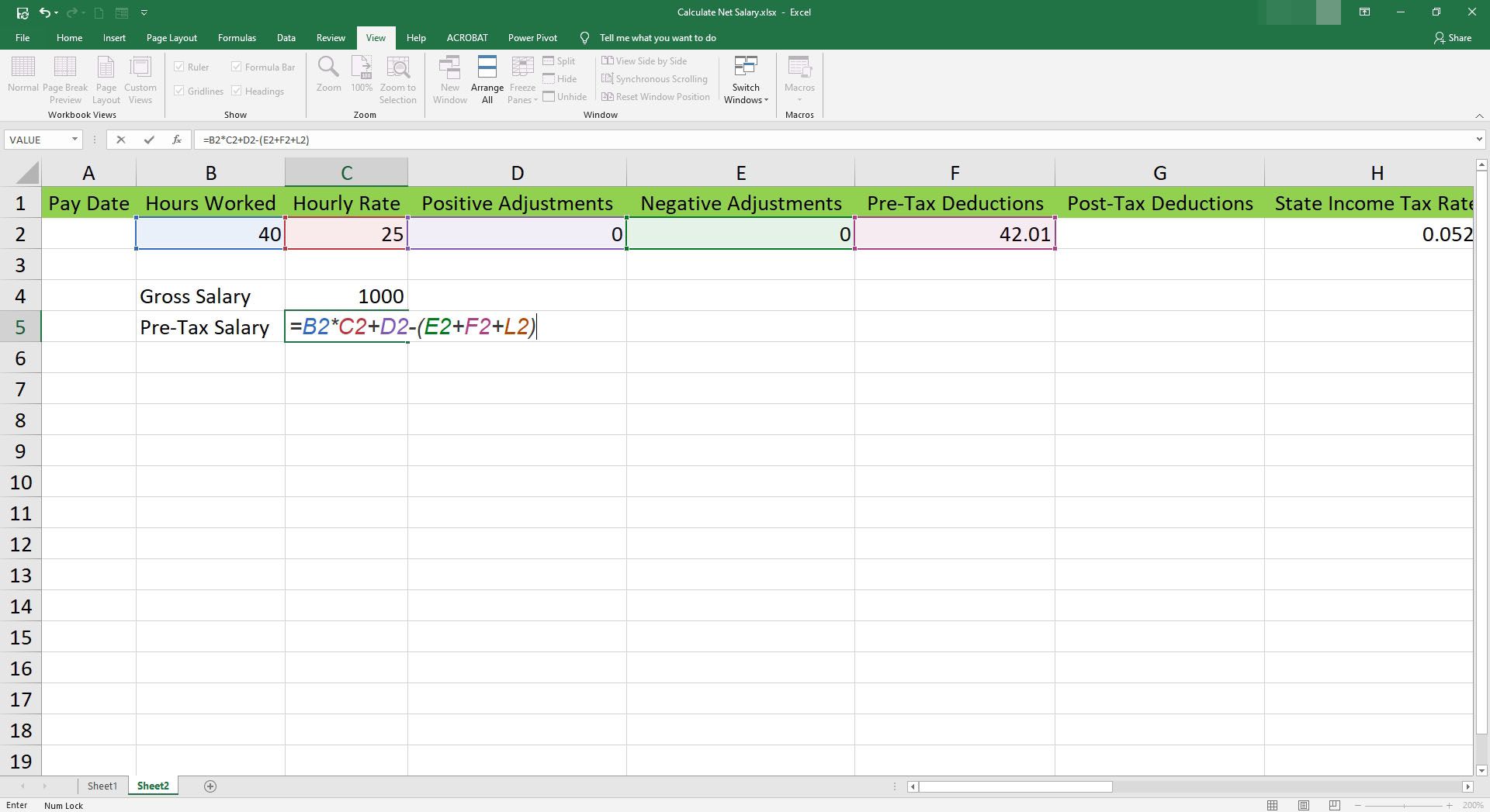 Ange löneformel före skatt i en cell i Microsoft Excel.