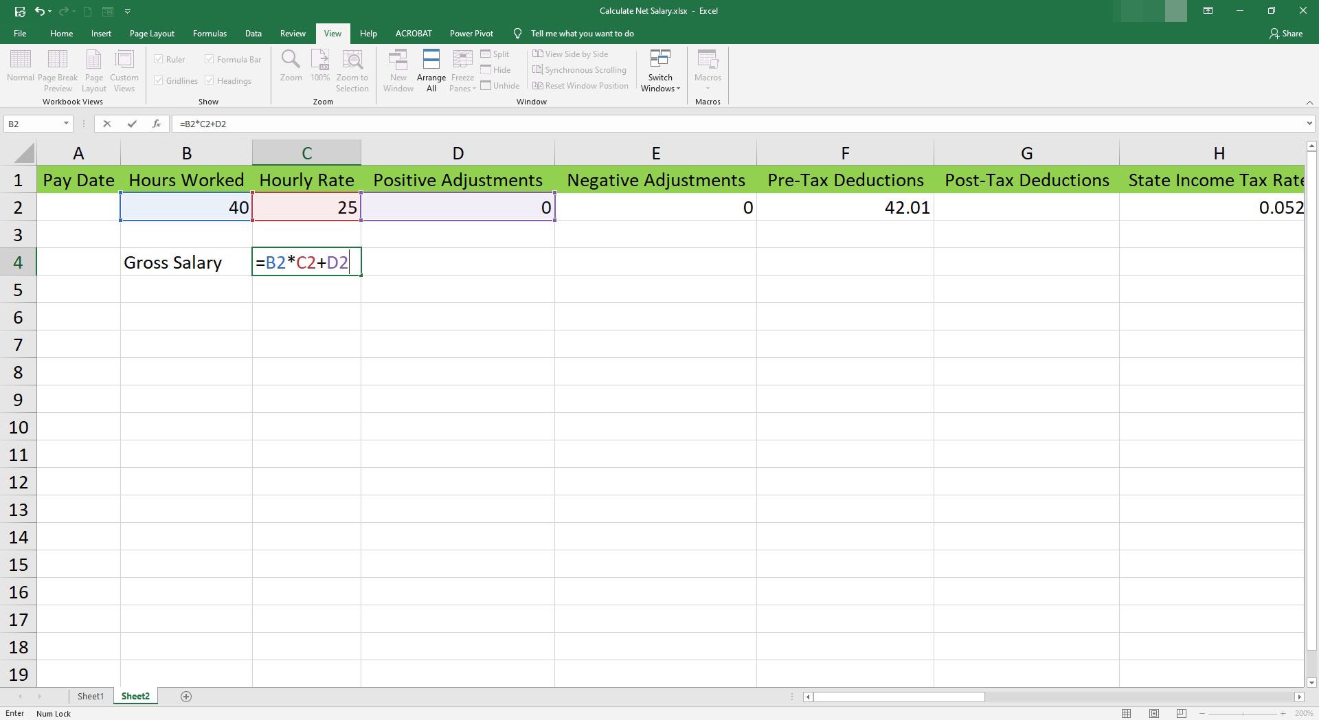 Ange bruttolönformel i en cell i Microsoft Excel.