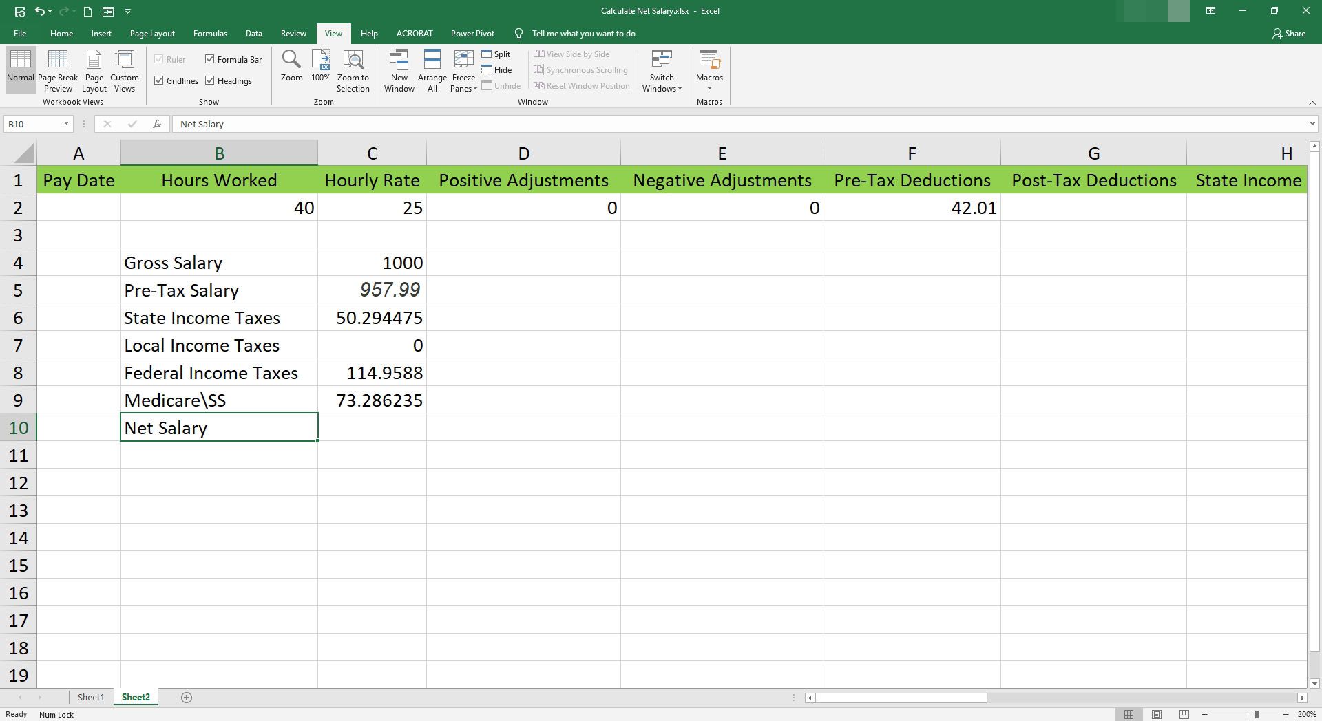 Ange nettolön i en cell i Microsoft Excel.