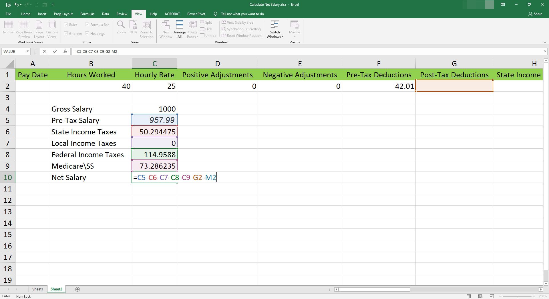 Ange nettolönformel i en cell i Microsoft Excel.