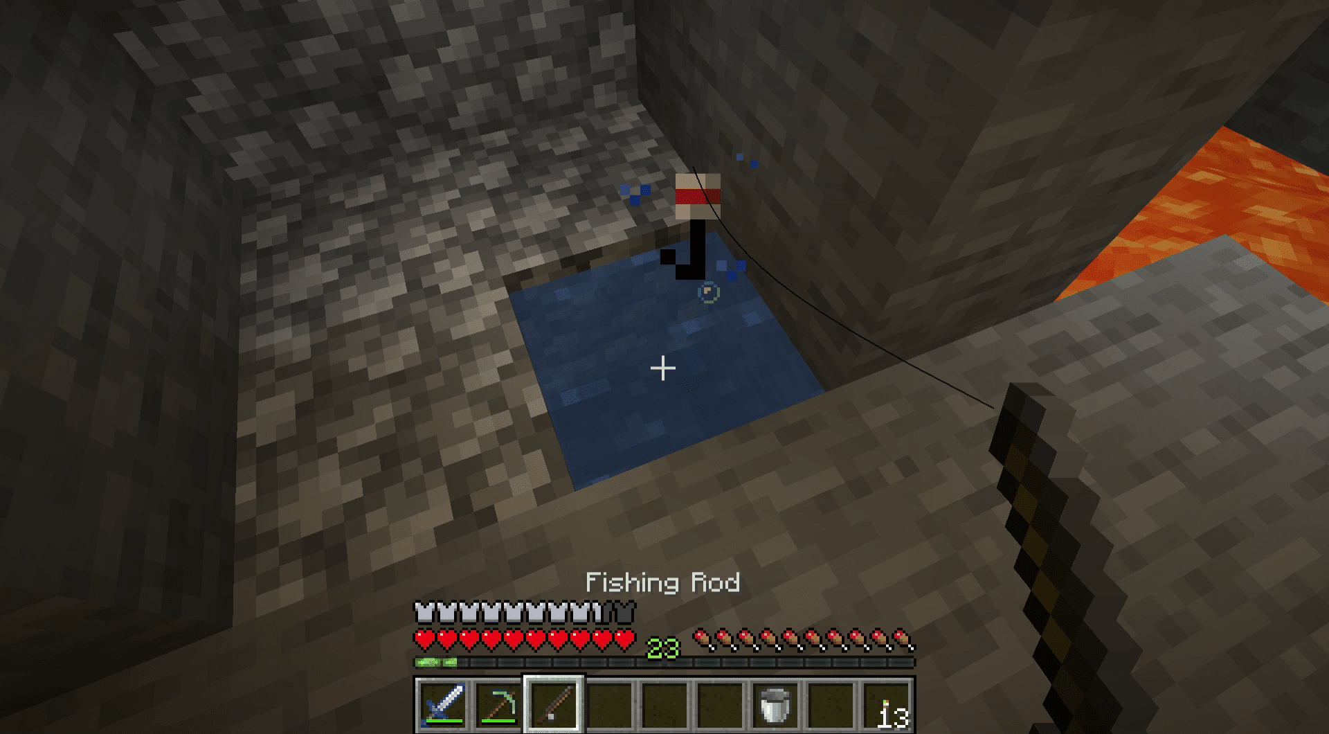En skärmdump av att kasta en fiskelinje i Minecraft.