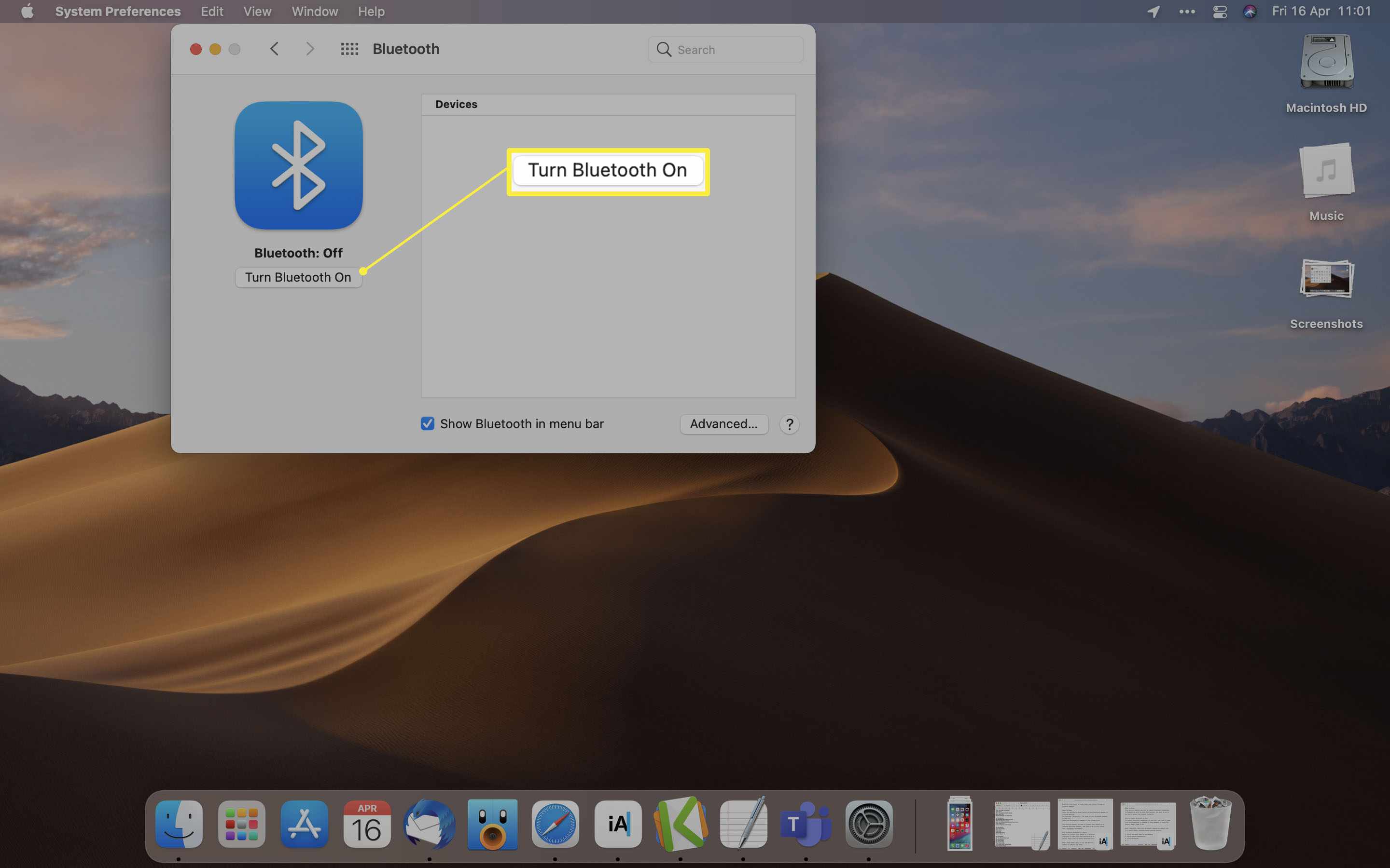 MacOS med Slå på Bluetooth markerat