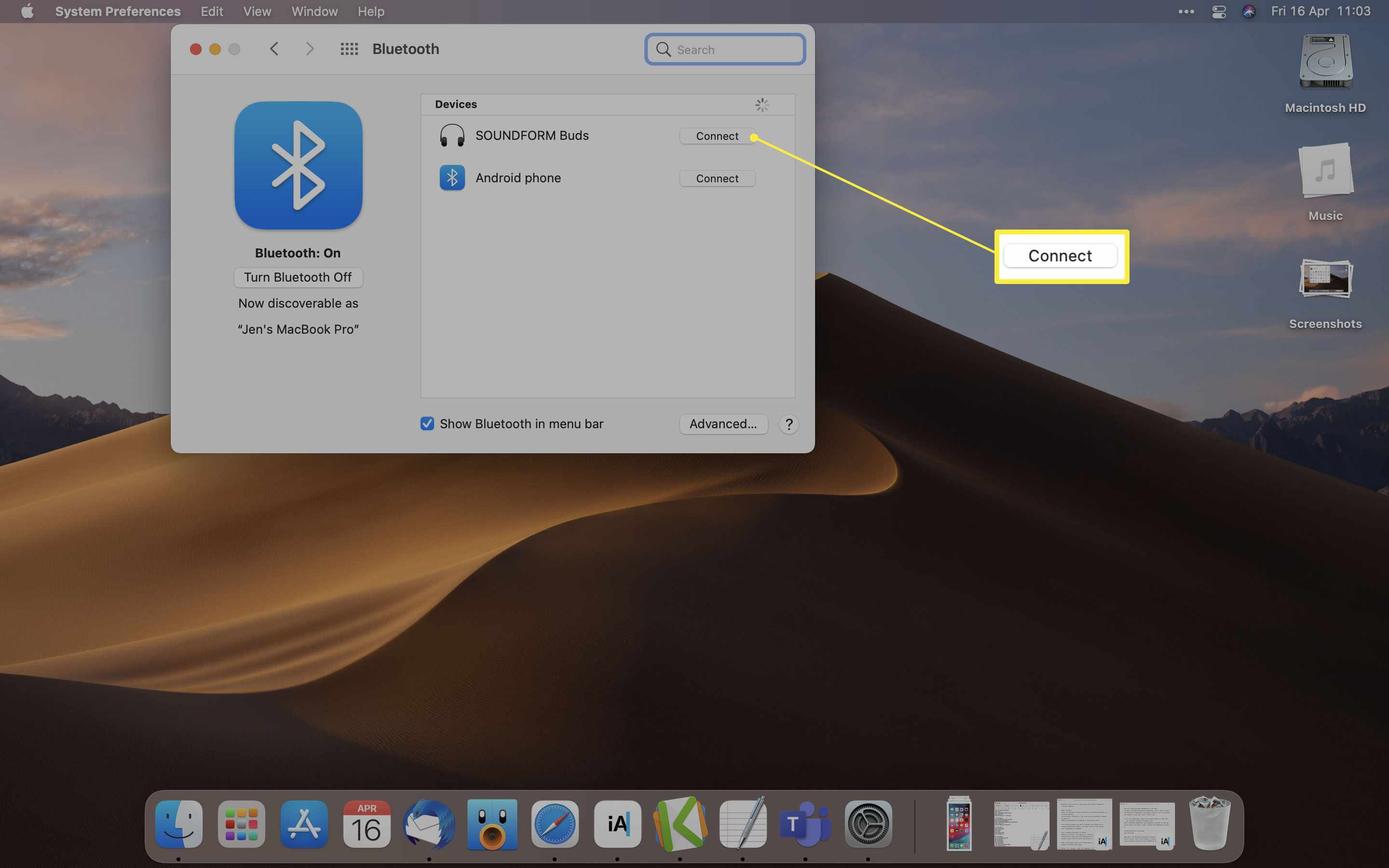 MacOS med Bluetooth-enhetslista öppen och Anslut markerad
