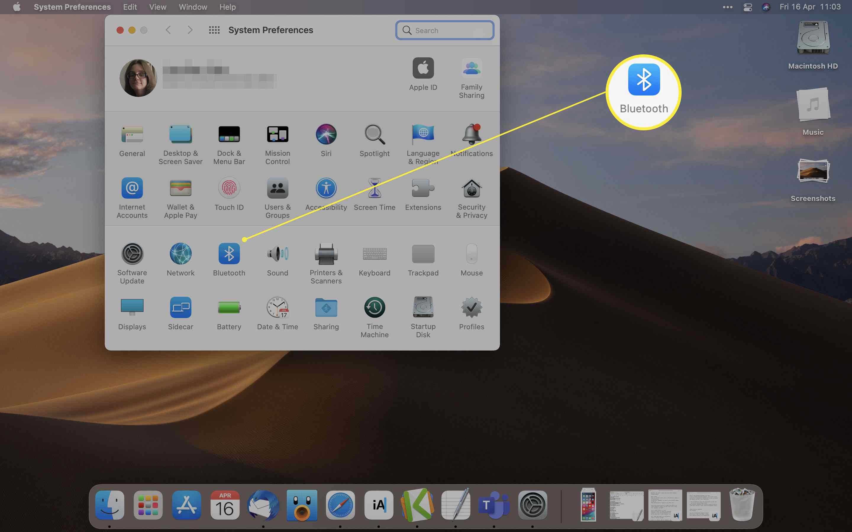 MacOS-systeminställningar med Bluetooth markerat