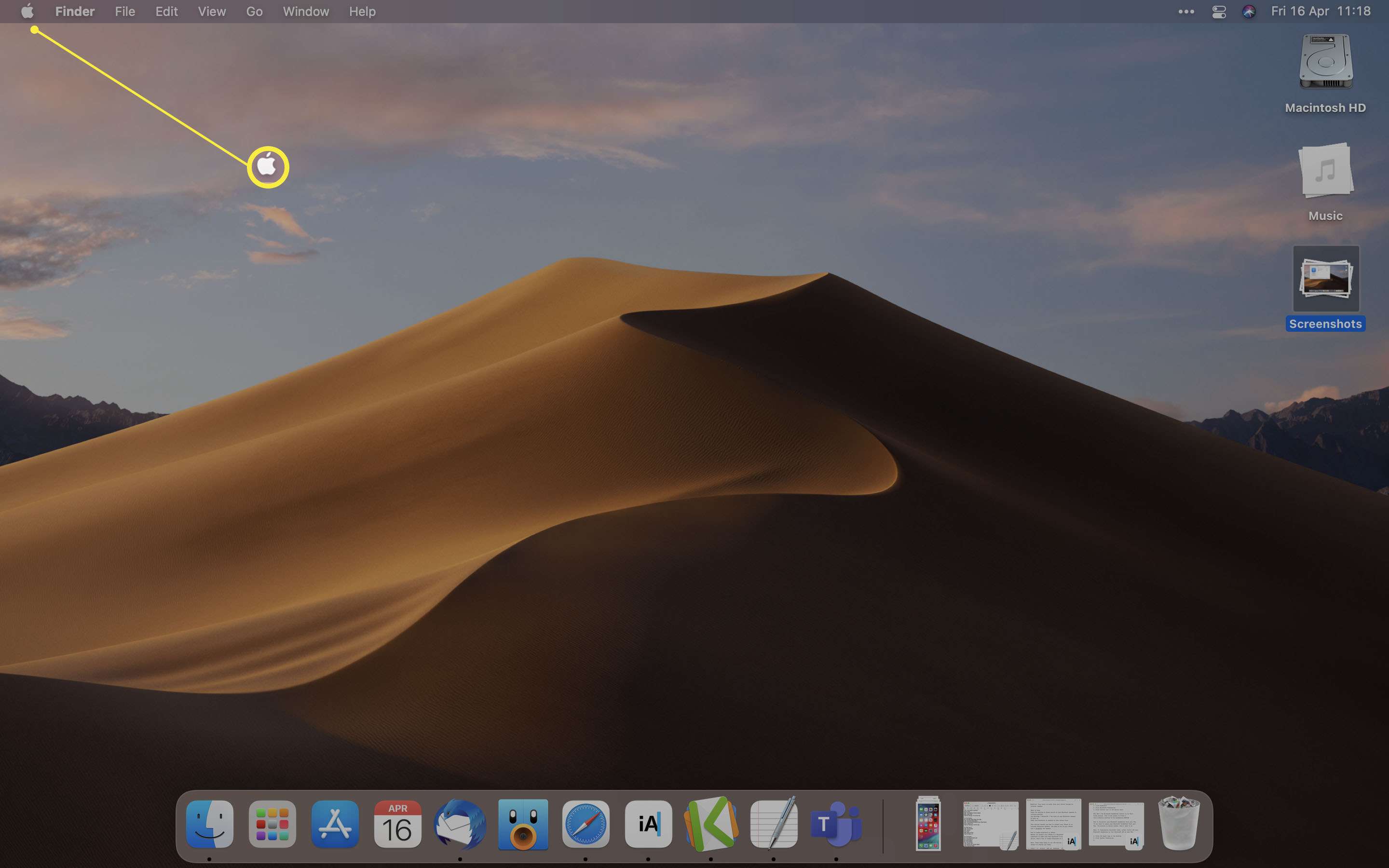 MacOS-skrivbord med Apple-ikon markerad
