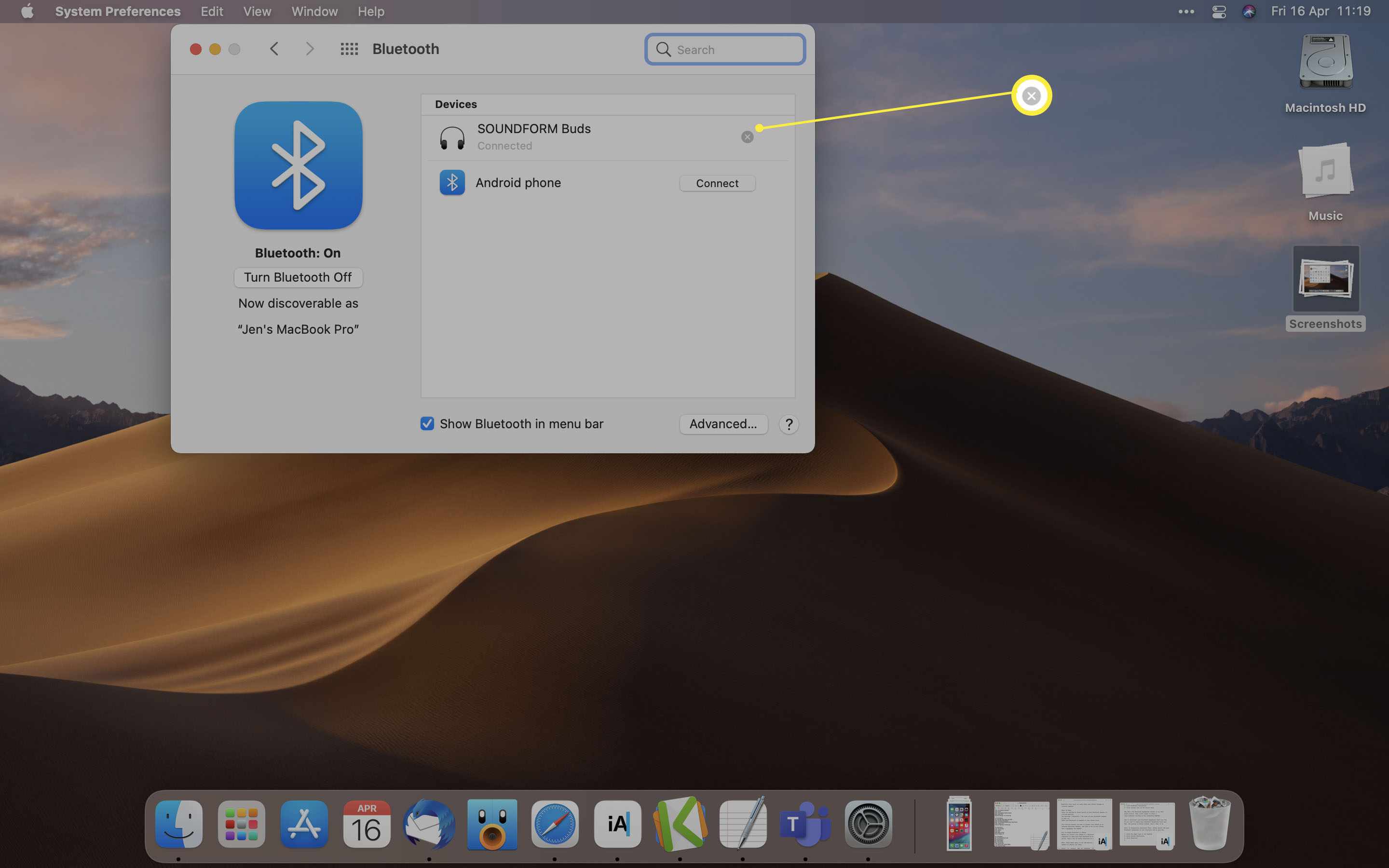 MacOS Bluetooth-alternativ med kopplingen x markerad bredvid en Bluetooth-högtalare