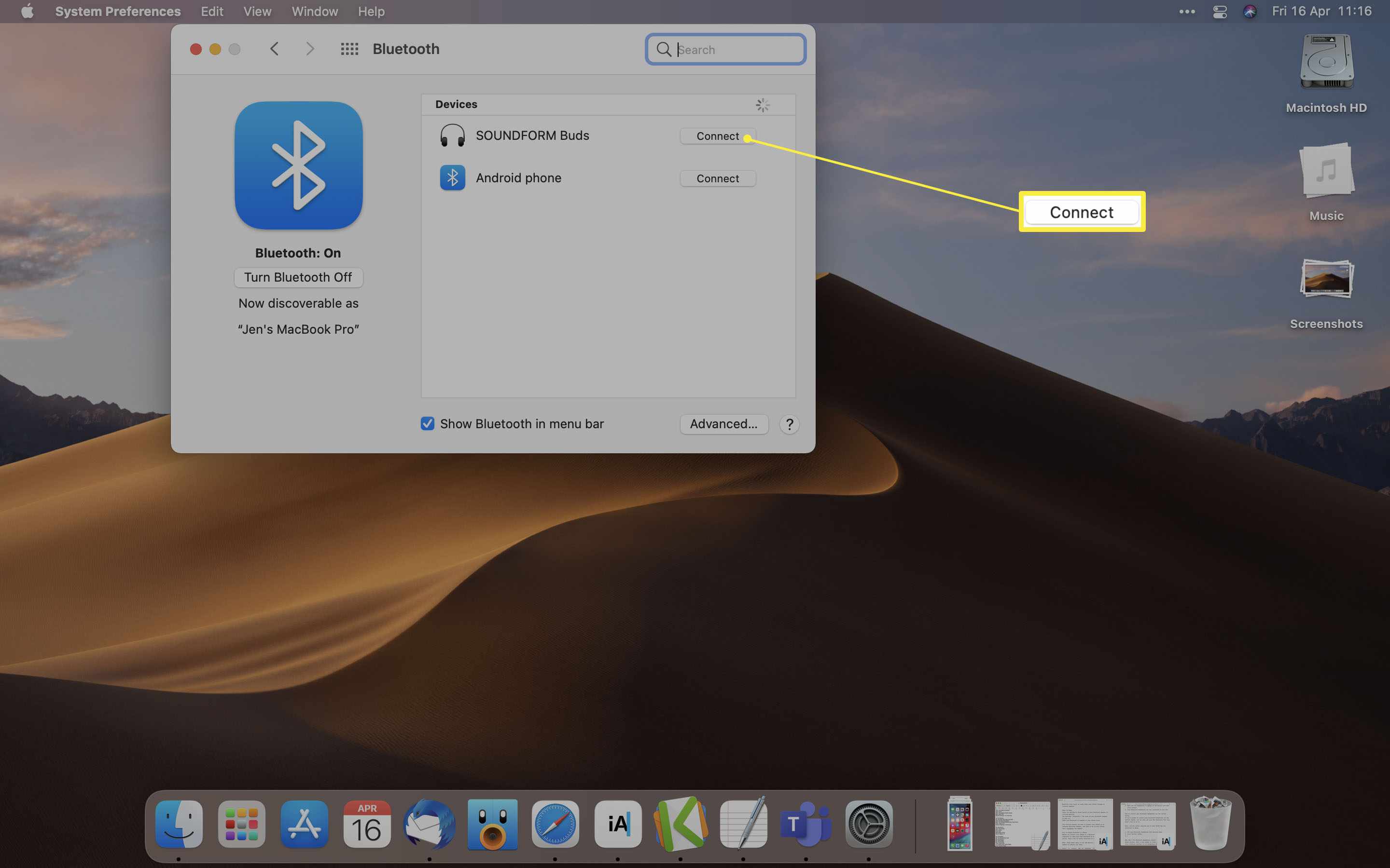 MacOS med Bluetooth-inställningar öppna och Anslut markerat
