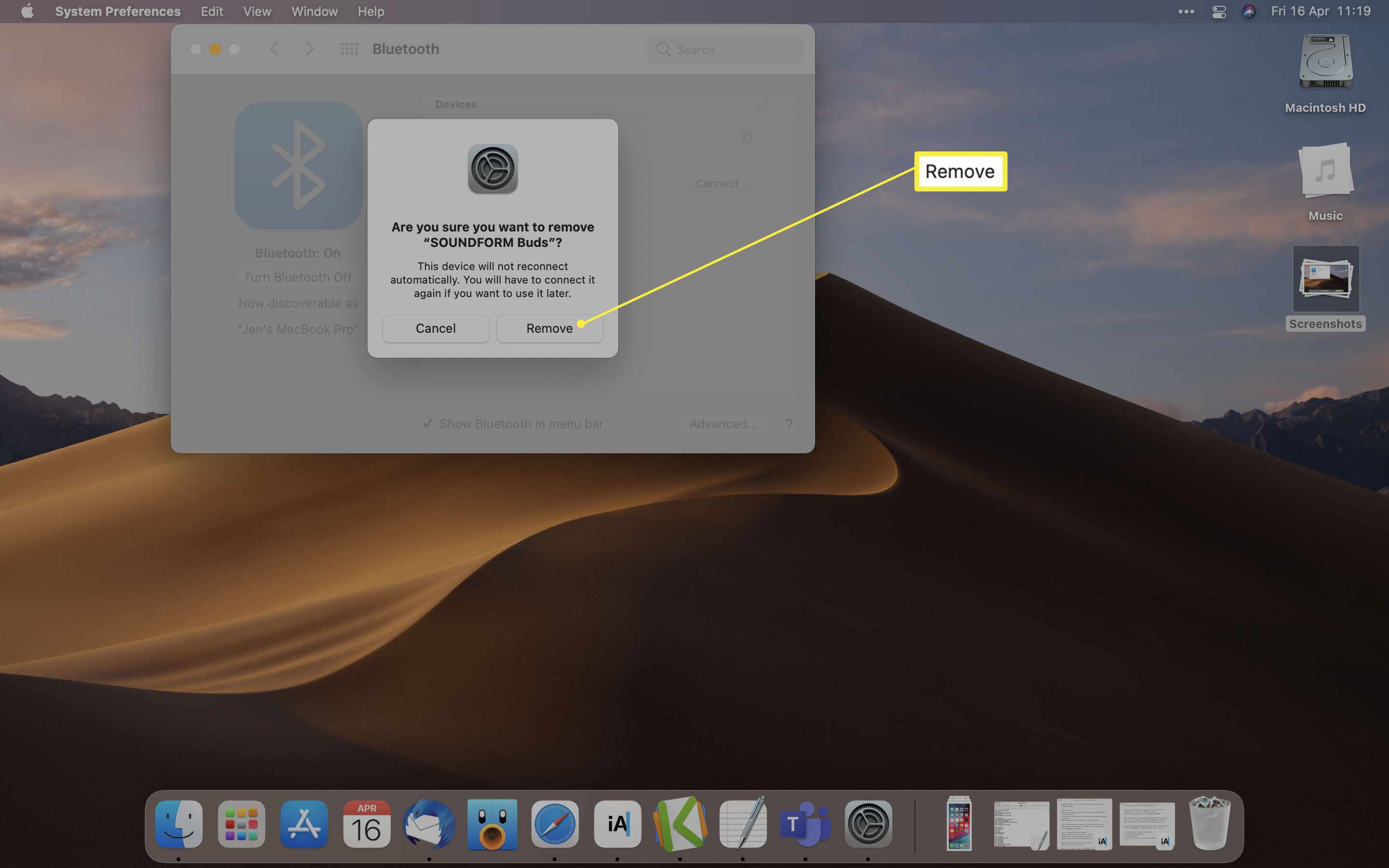 MacOS Bluetooth-alternativ med Ta bort enhet markerad