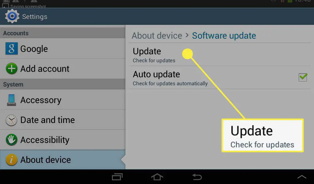 Uppdateringsknapp markerad i appen Inställningar på en Android-enhet.