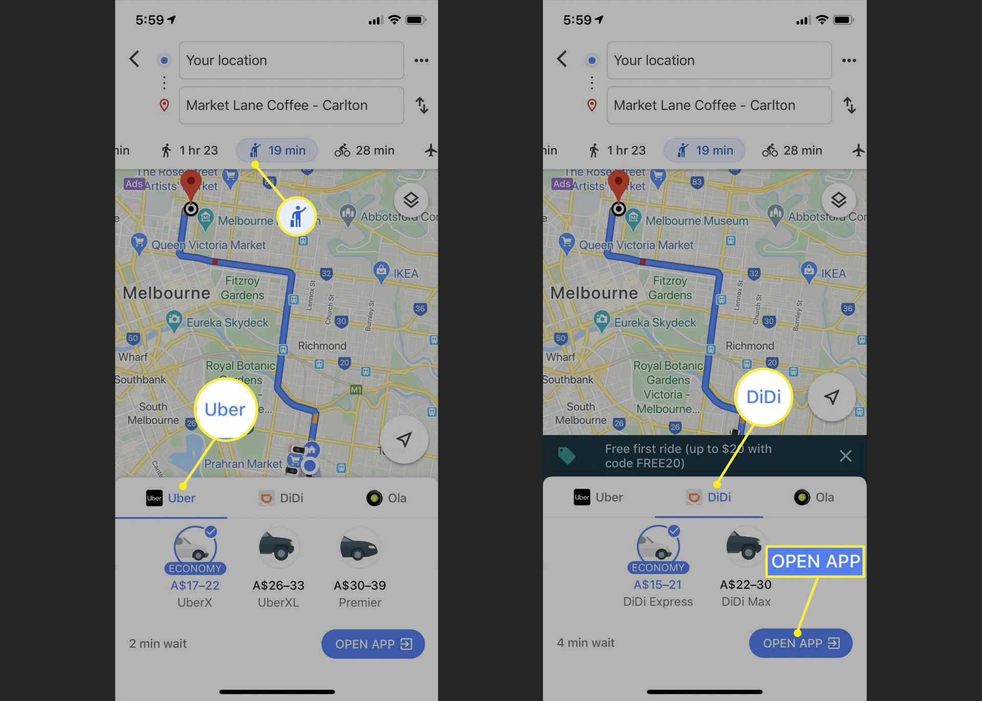 Uber- och Didi-alternativ i Google Maps