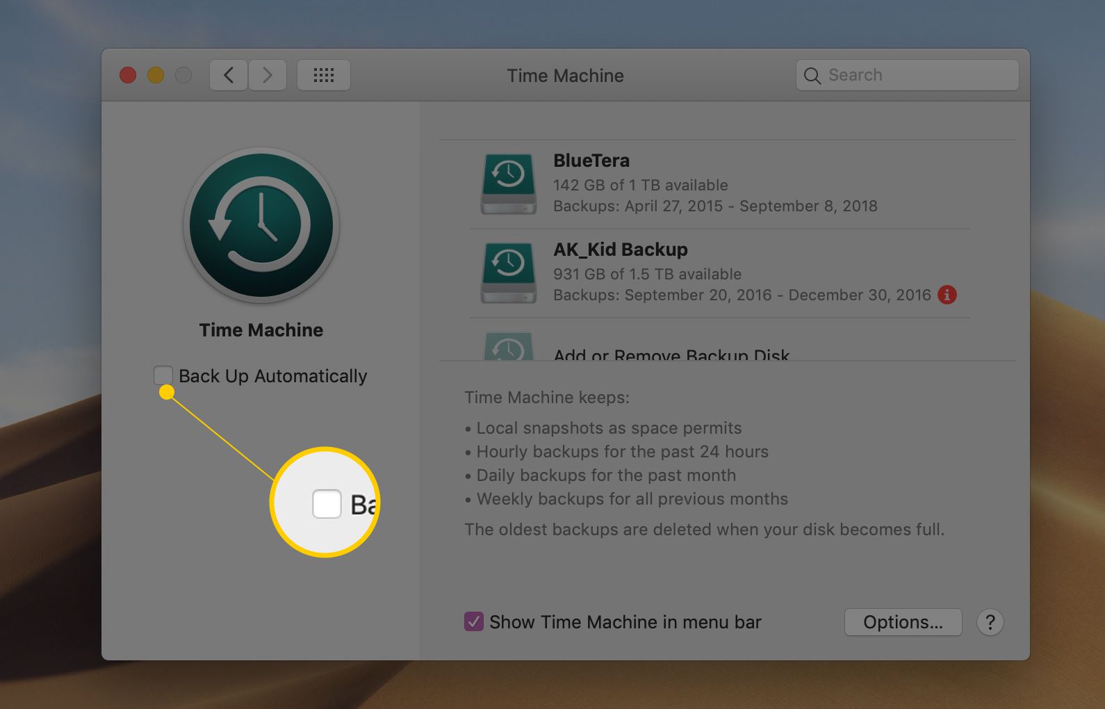 Säkerhetskopiera kryssrutan automatiskt i Time Machine-inställningar i macOS Mojave