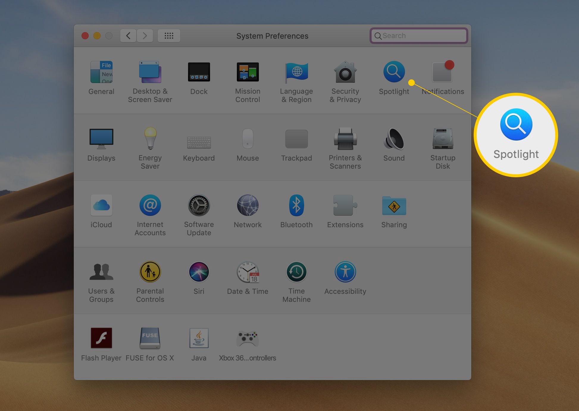 Spotlight-ikon i Systeminställningar-appen i macOS