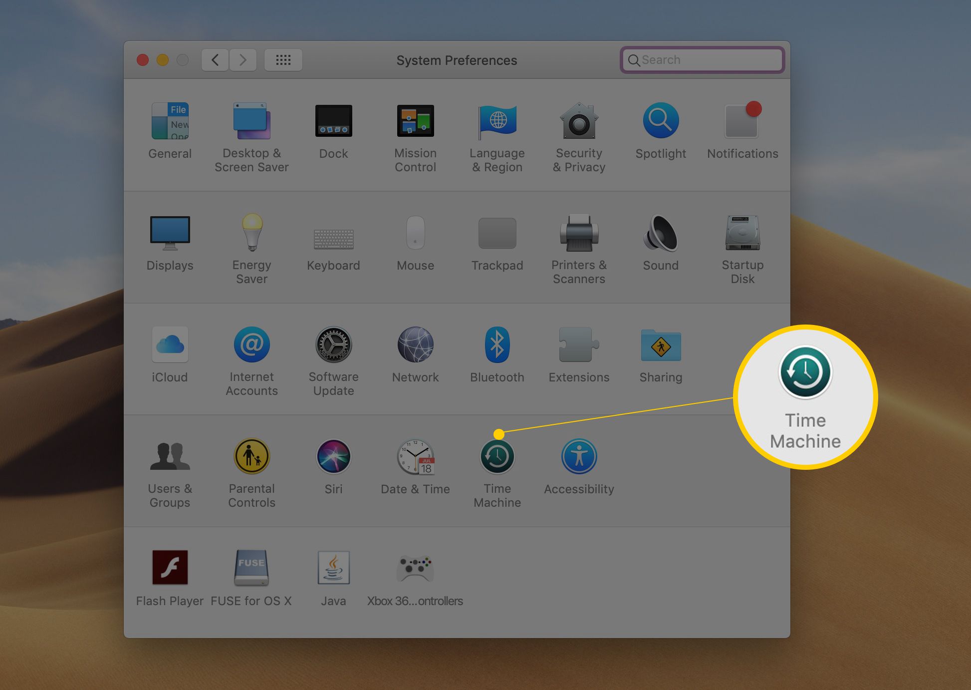 Time Machine-ikon i Systeminställningar-appen i macOS