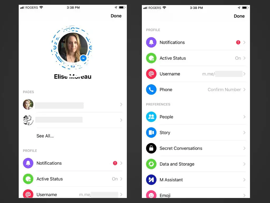 En profilskärm och alternativ i Messenger-appen för iOS