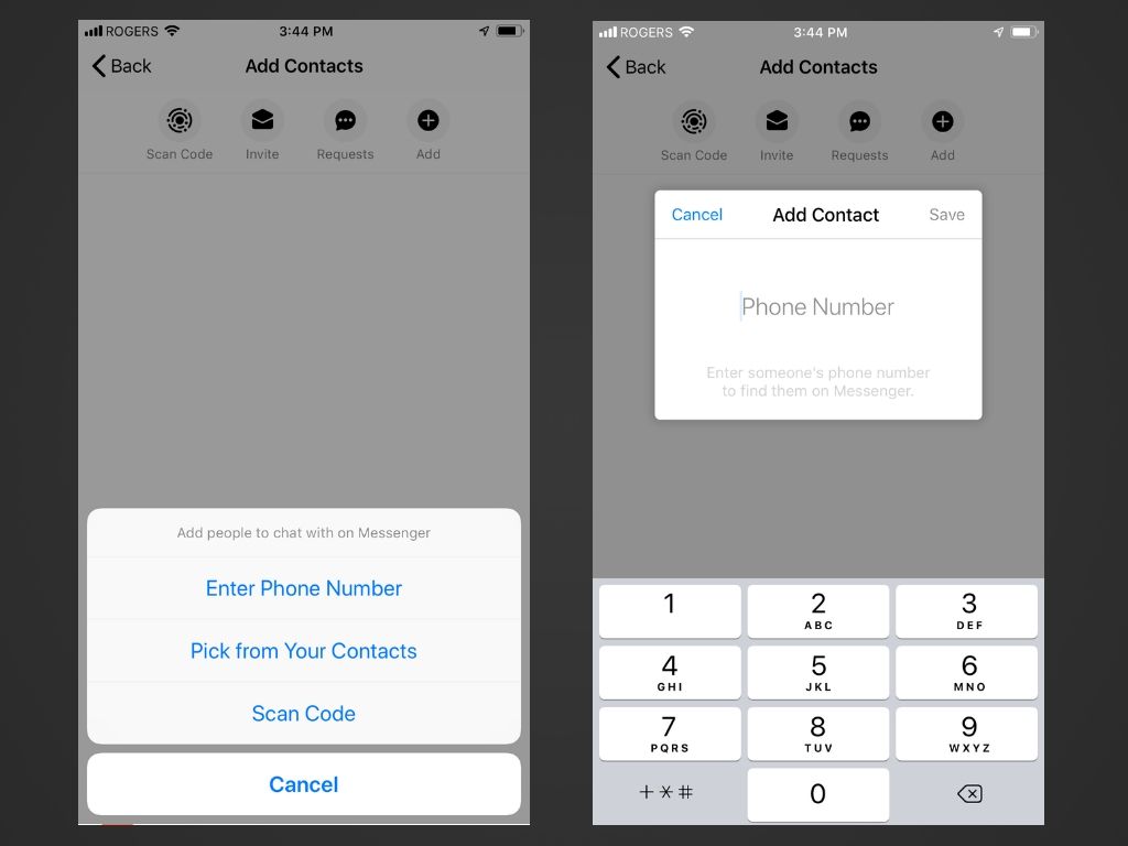 Lägg till alternativ för kontakter och telefonnummer i Messenger-appen för iOS