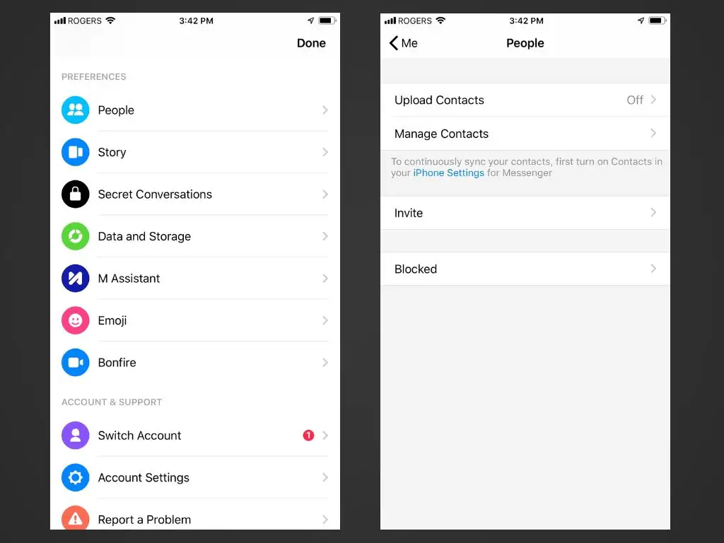 Inställningsskärmen och Personinställningar i Messenger-appen för iOS