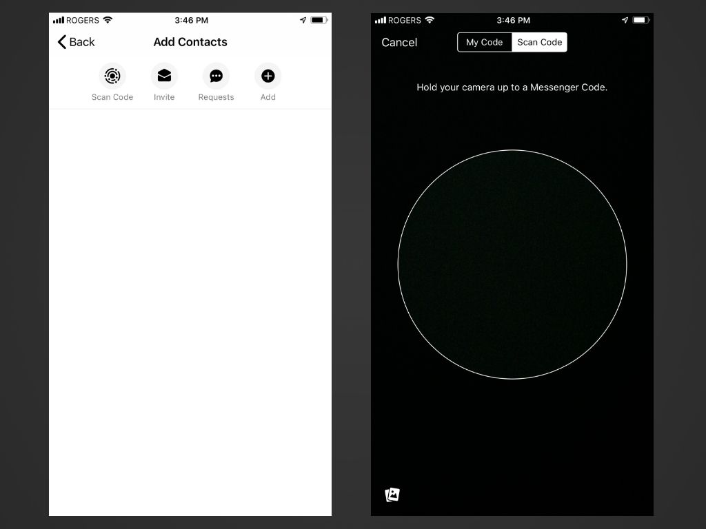 Lägg till Kontakter skärm och kamera alternativ i Messenger-appen för iOS