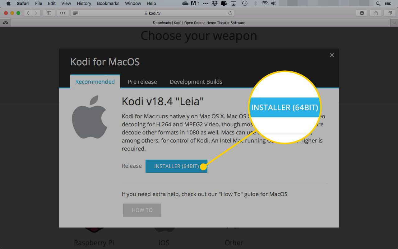 Kodi för macOS-fönster med Installer-knappen markerad