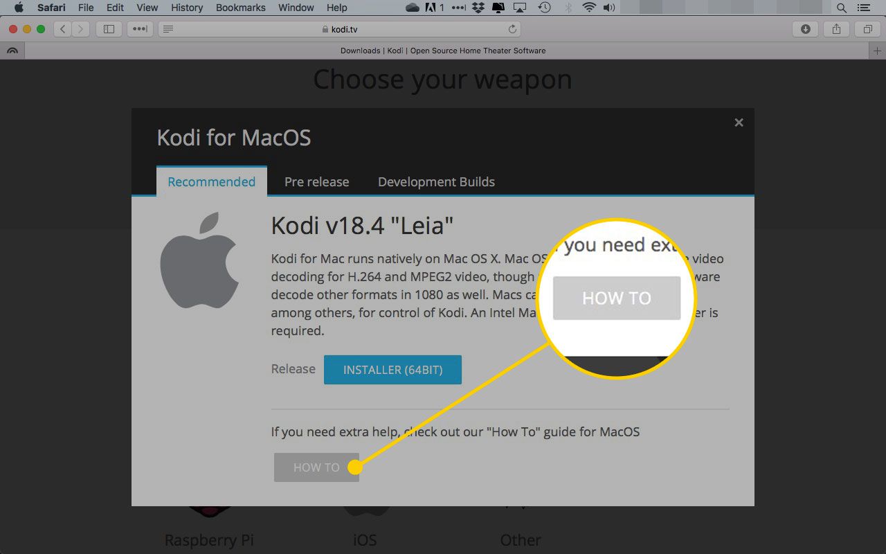 Kodi för MacOS-fönster med How-knappen markerad