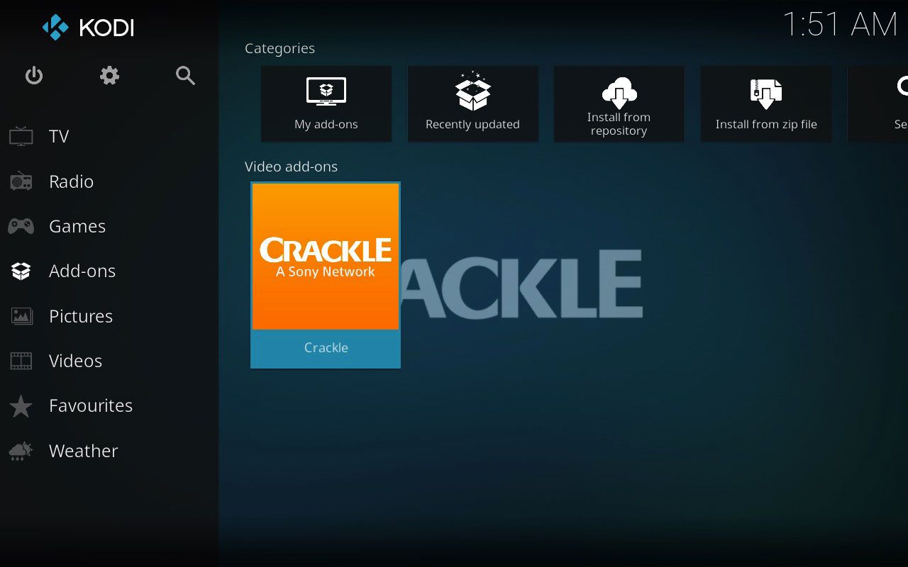 Tilläggsmenyn i Kodi med Crackle-tillägget installerat