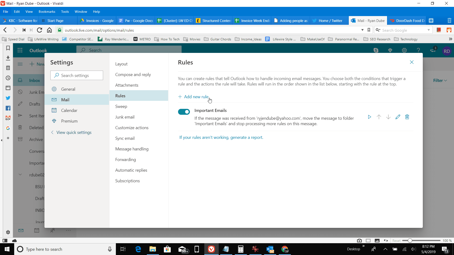 Skärmdump av Lägg till ny regel i Outlook online