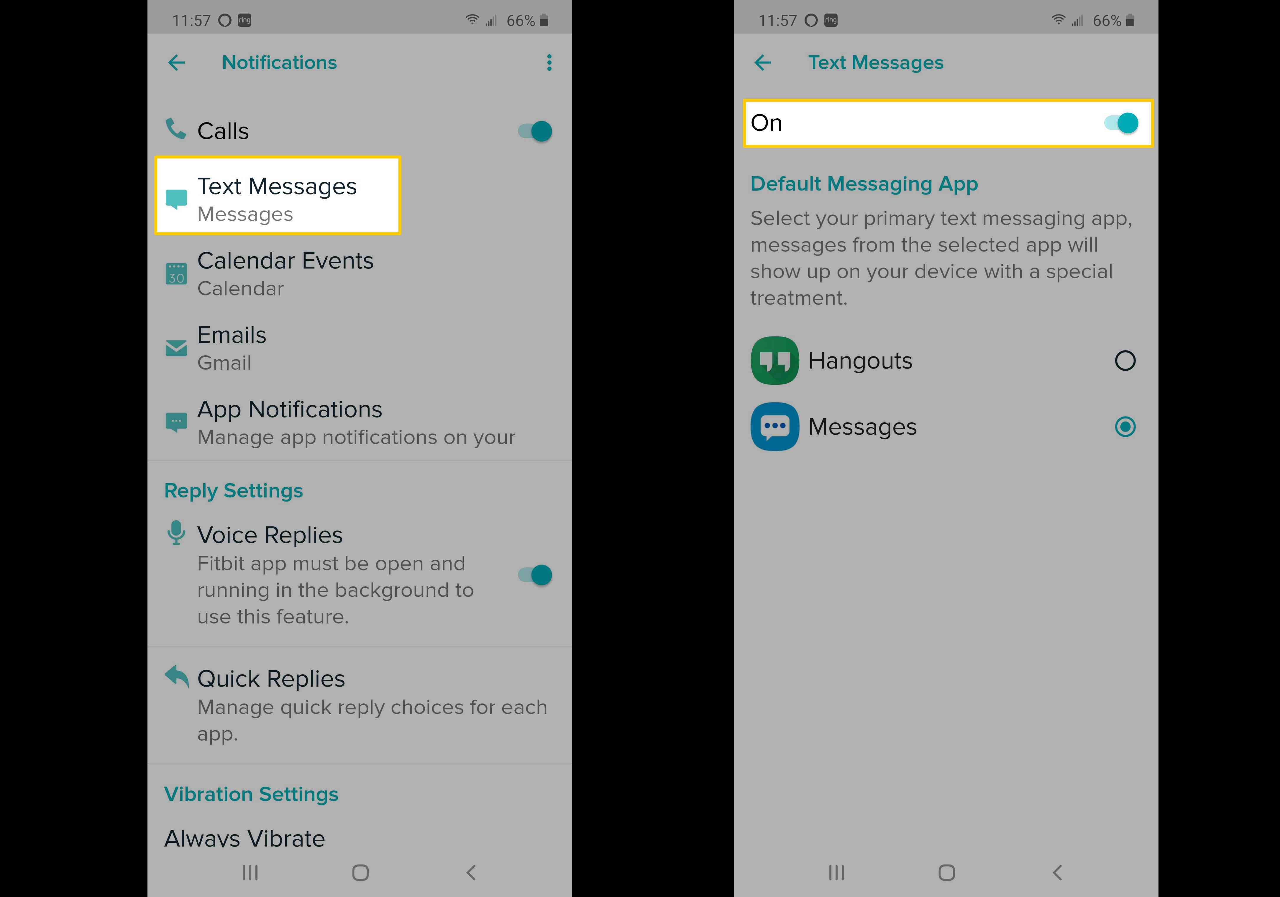 Skärmbilder som visar hur man växlar på textmeddelanden på Fitbit Versa.
