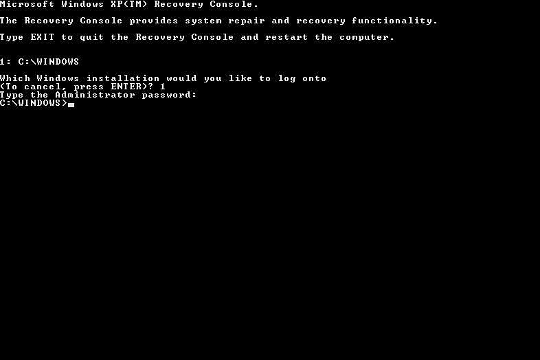 Skärmdump av Windows XP Recovery Console för formatering av C-enheten