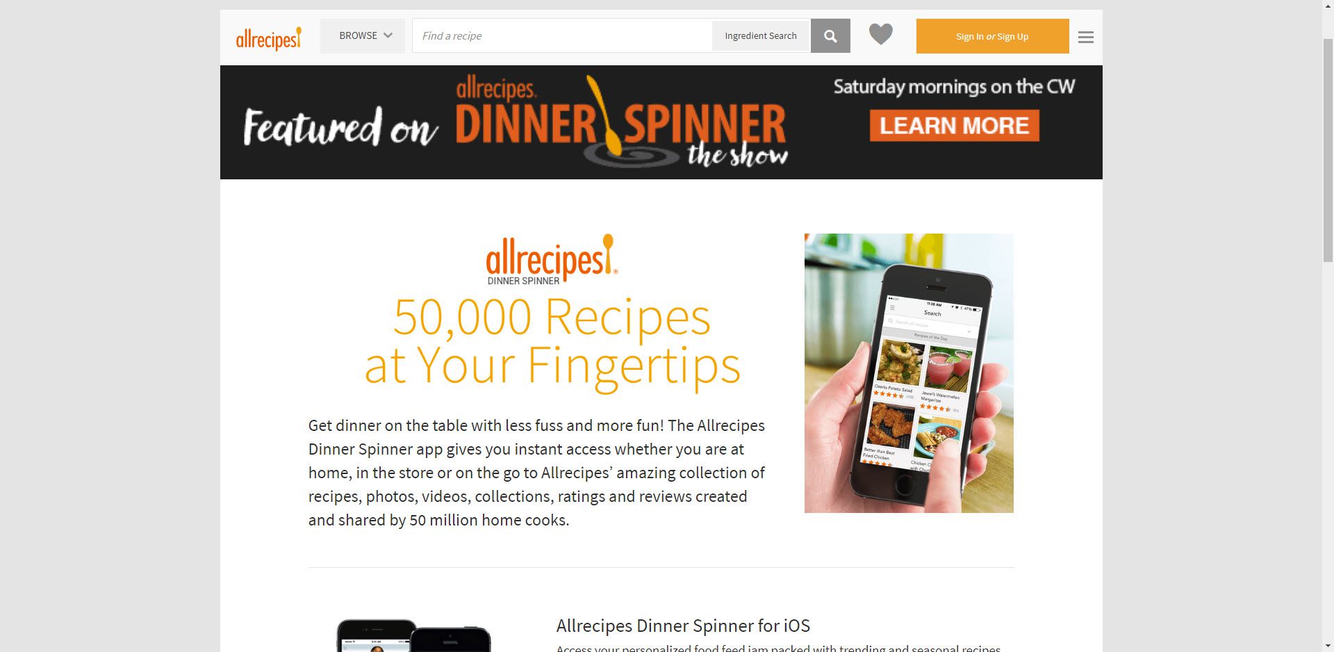 Webbplatsen för Allrecipes Dinner Spinner.